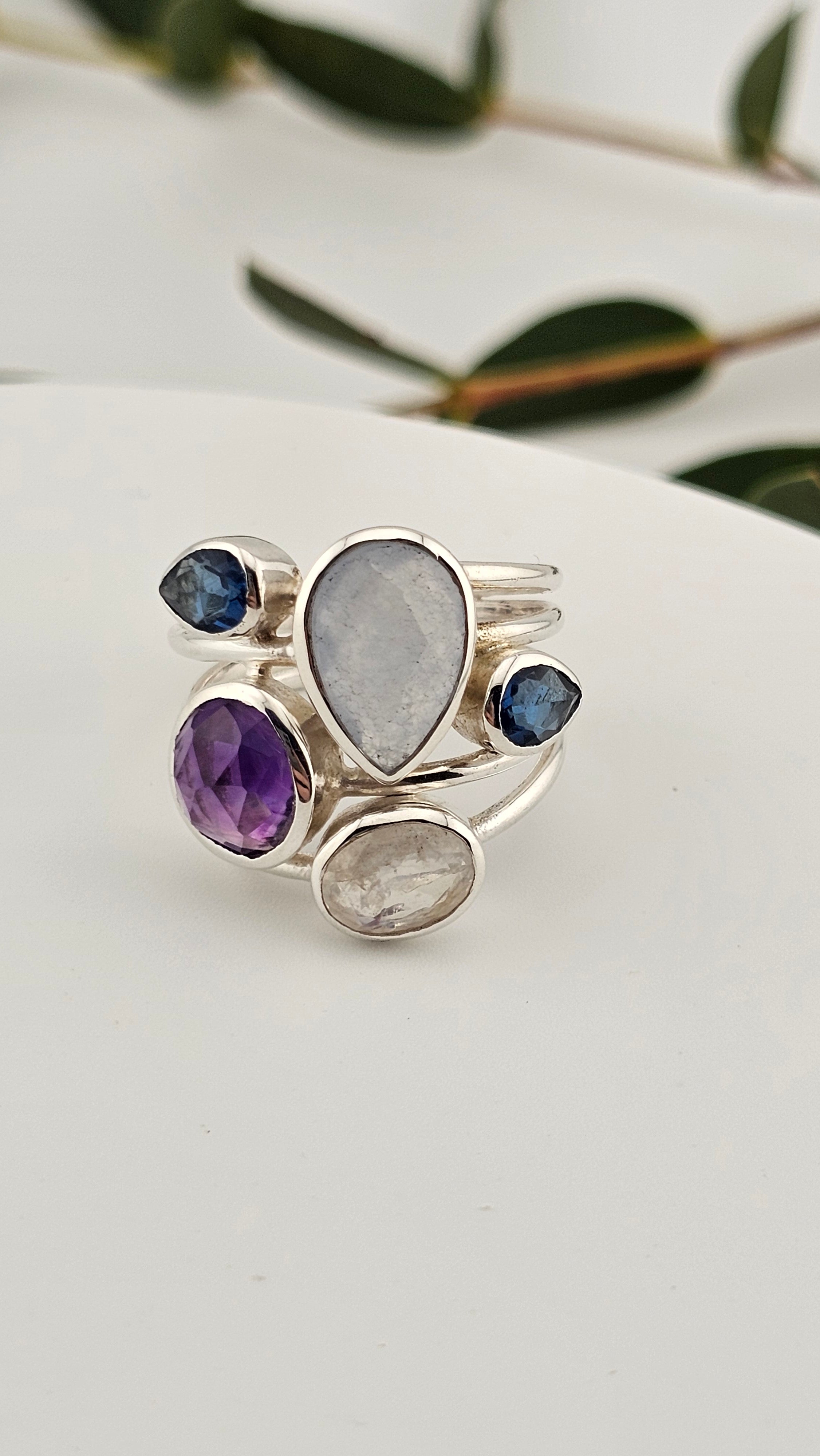 925 Sterling Silver Multigemstone Statement Ring , size P 1/2