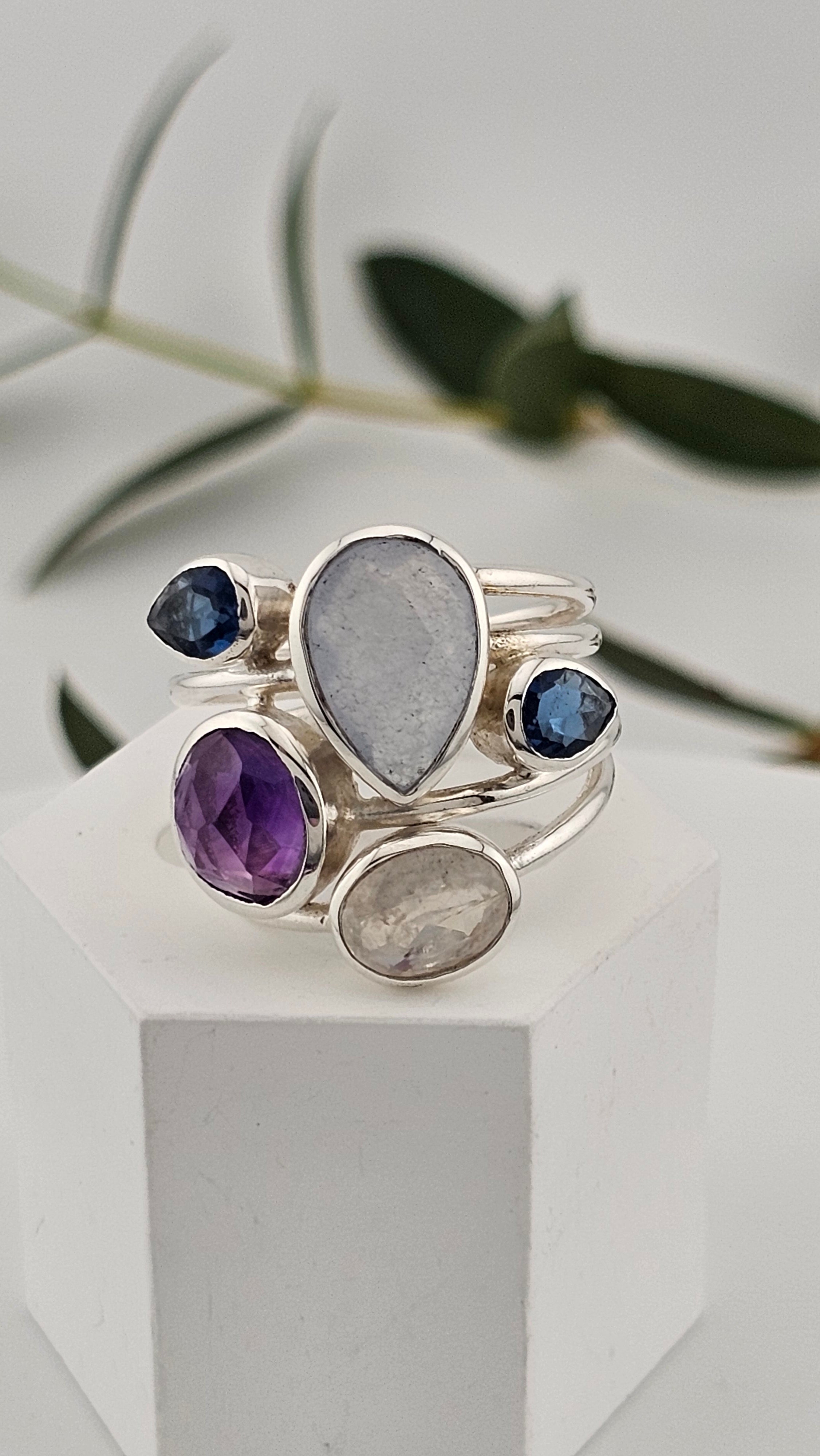 925 Sterling Silver Multigemstone Statement Ring , size P 1/2