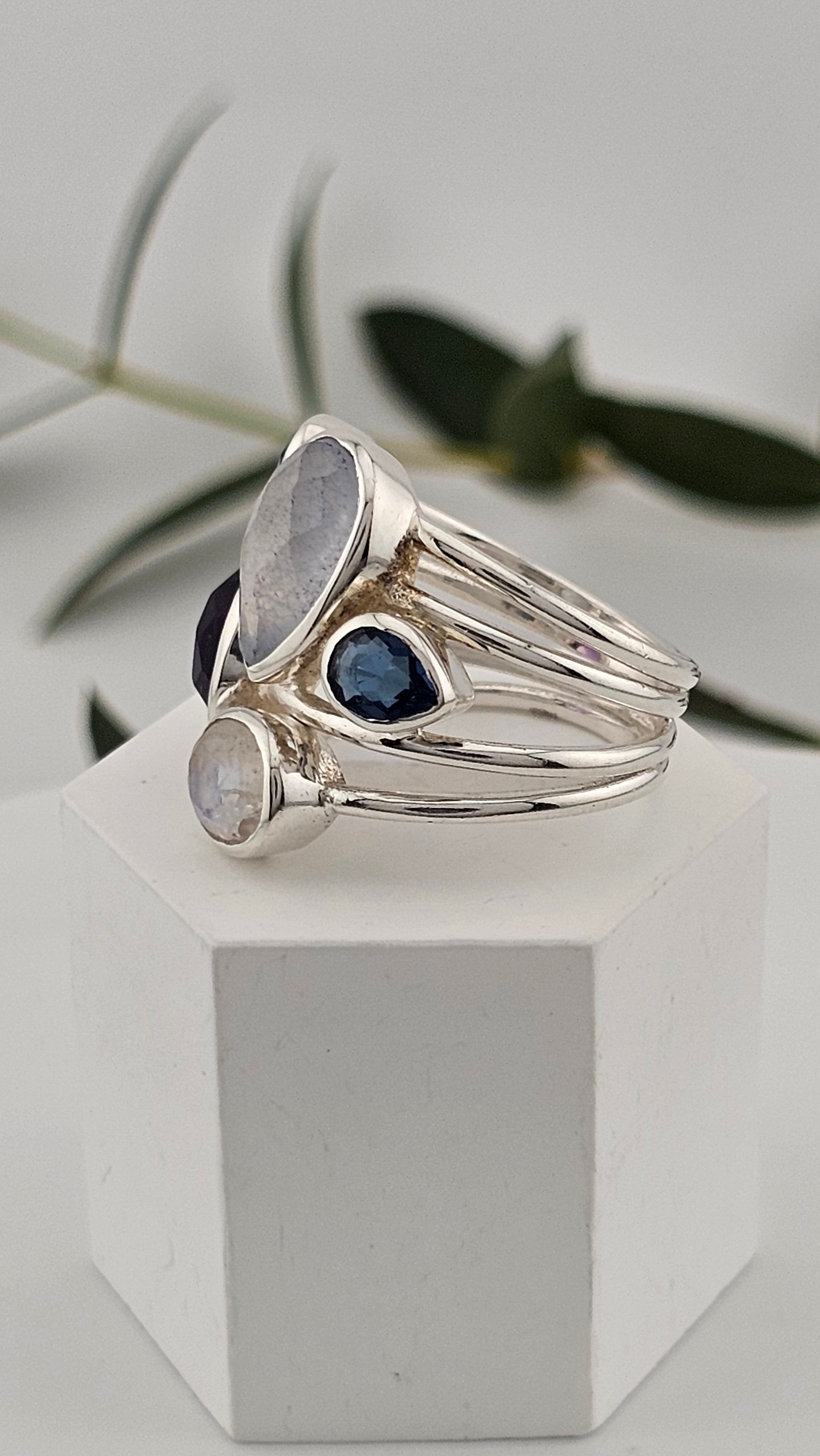 925 Sterling Silver Multigemstone Statement Ring , size P 1/2