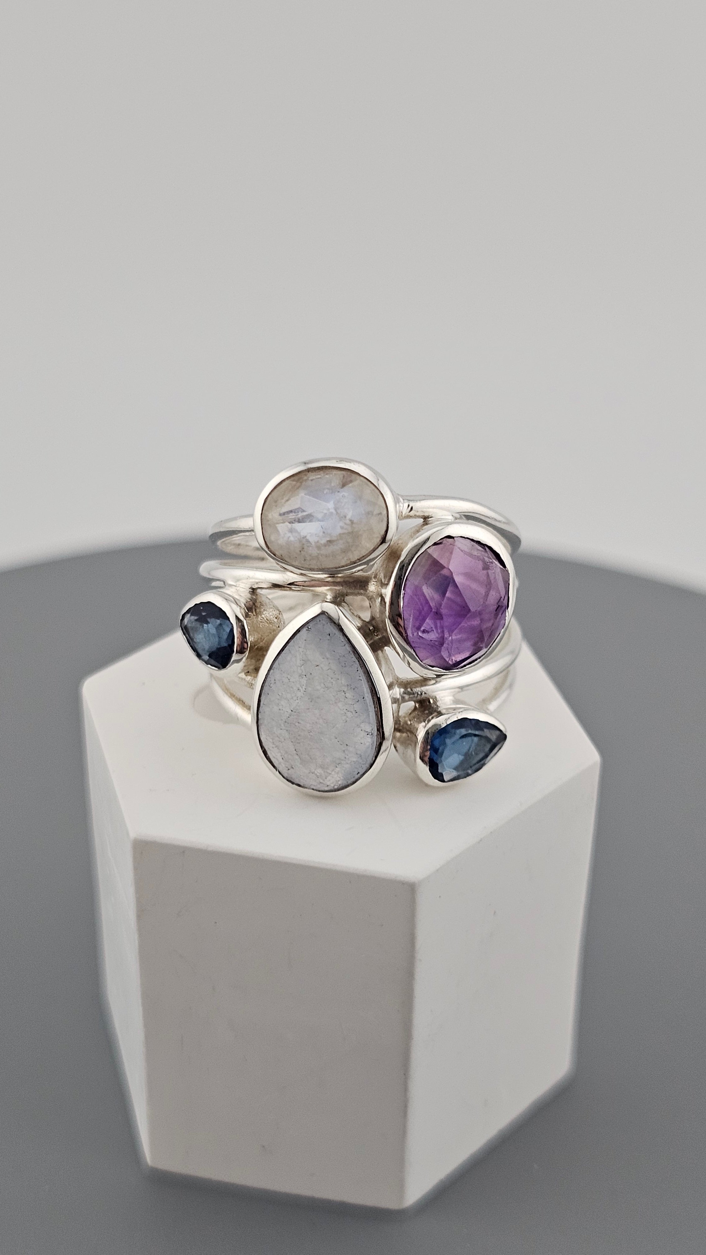 925 Sterling Silver Multigemstone Statement Ring , size P 1/2