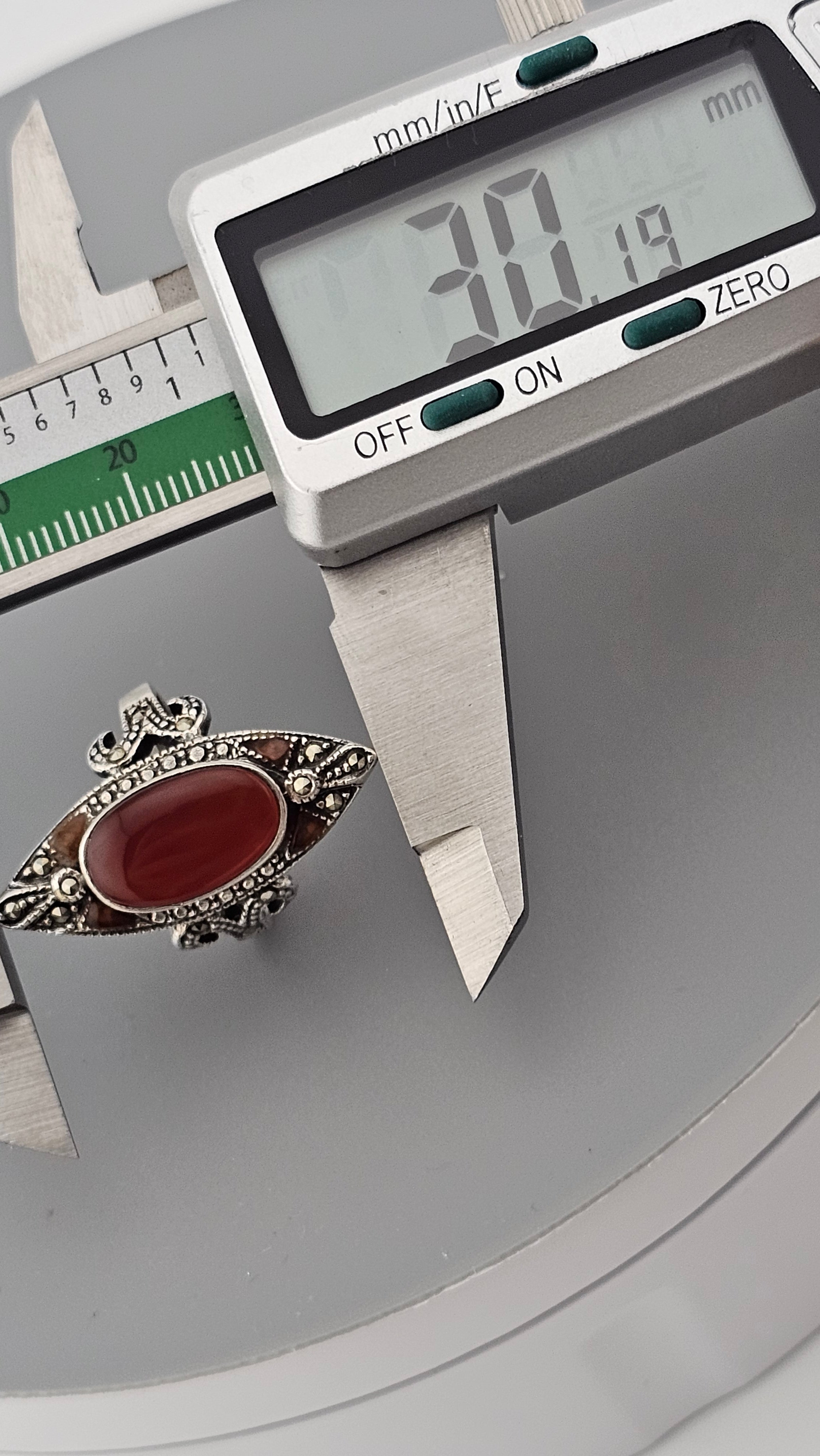 Vintage 925 Sterling Silver Carnelian and Marcasite set Ring , size P 1/2