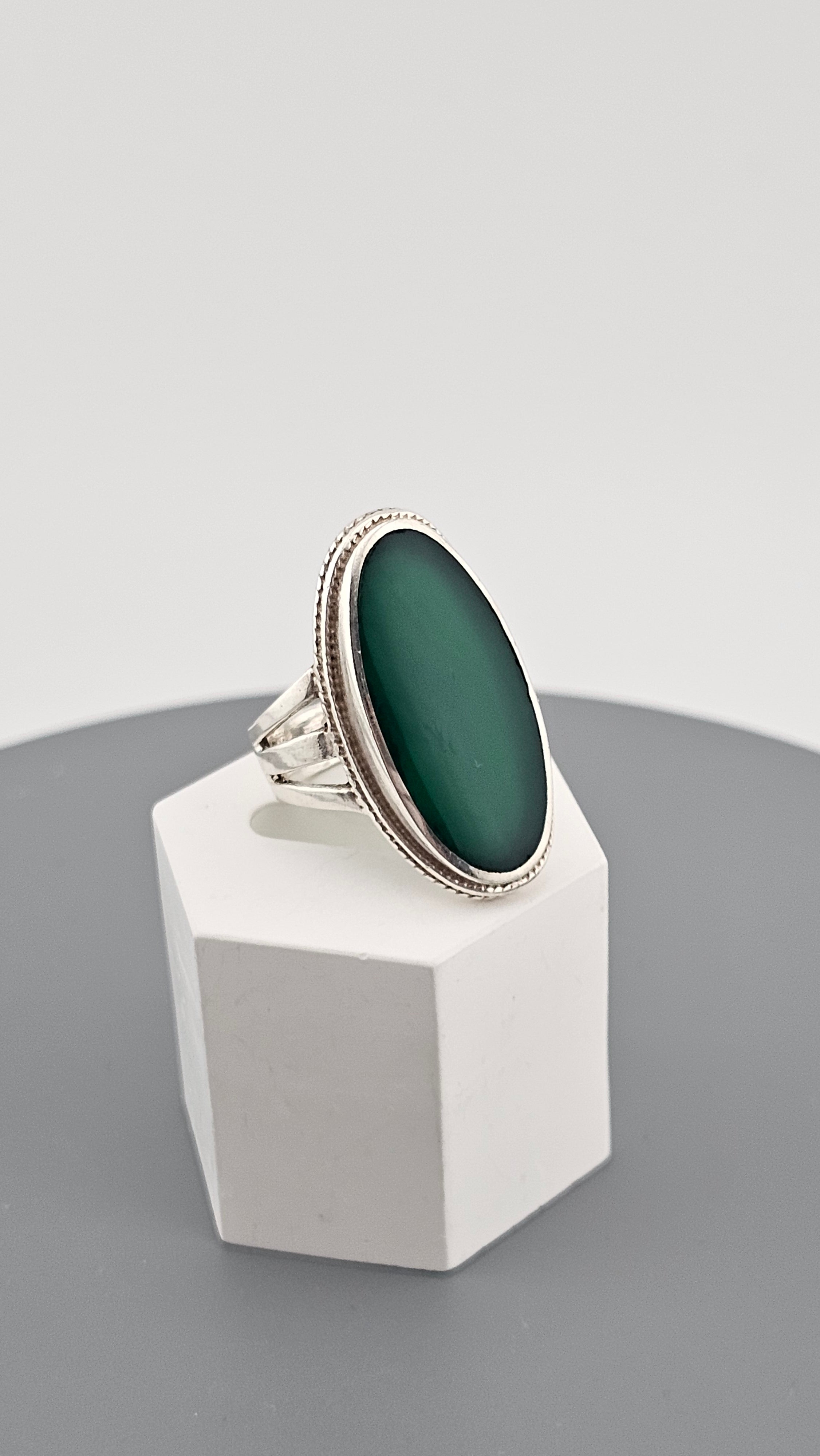 925 Sterling Silver Statement Ring set with Natural Green Onyx,size O