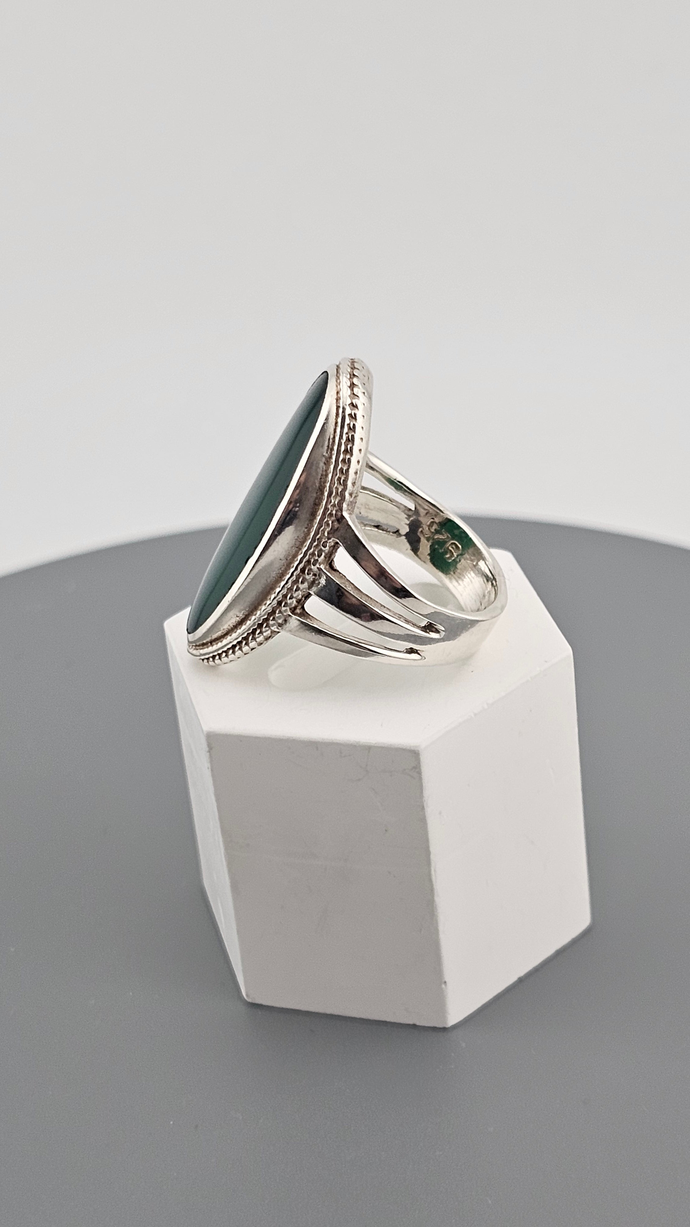 925 Sterling Silver Statement Ring set with Natural Green Onyx,size O