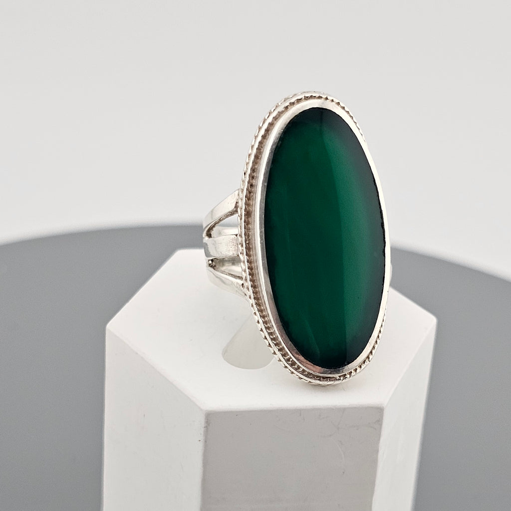 925 Sterling Silver Statement Ring set with Natural Green Onyx,size O