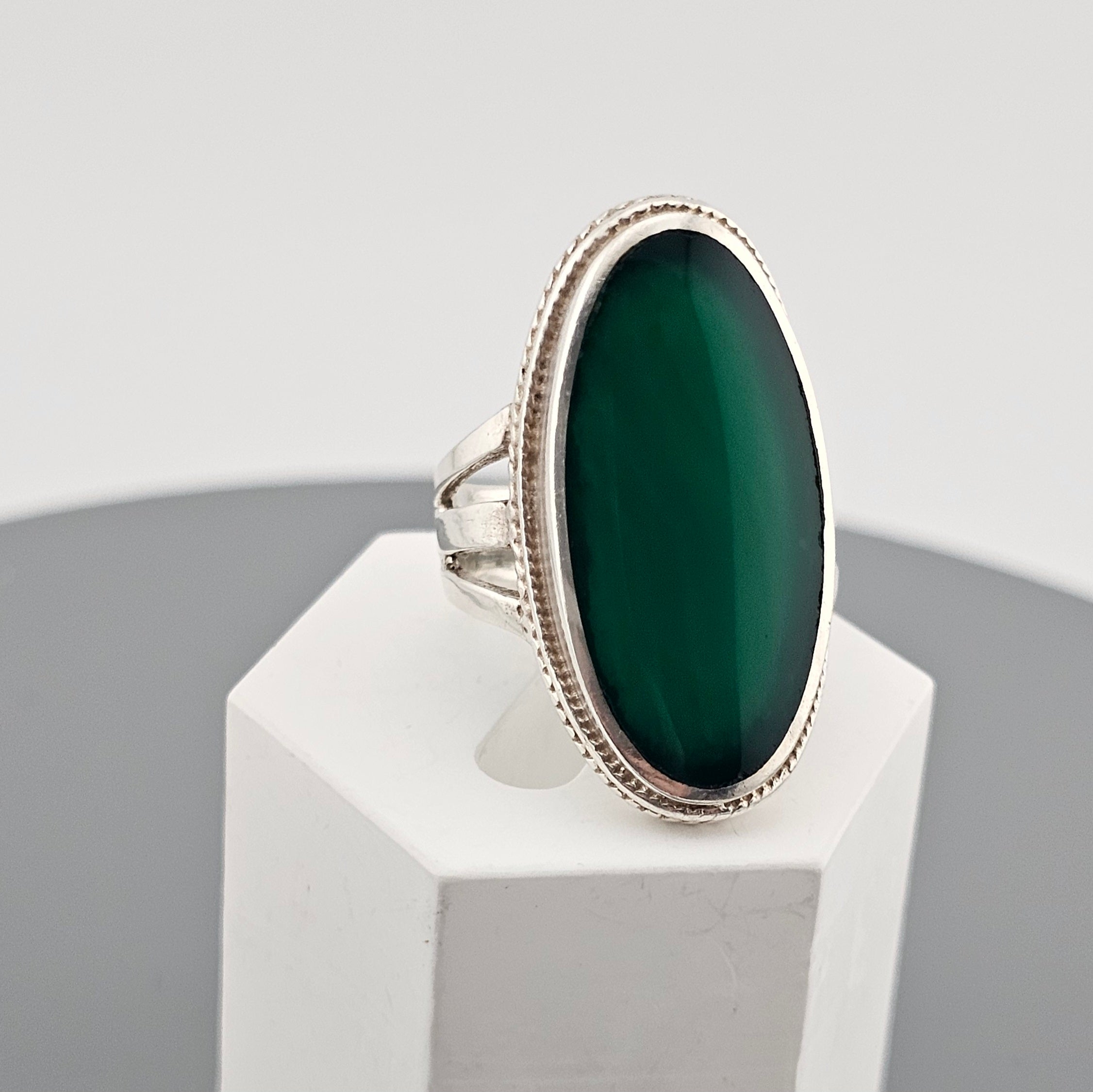 925 Sterling Silver Statement Ring set with Natural Green Onyx,size O