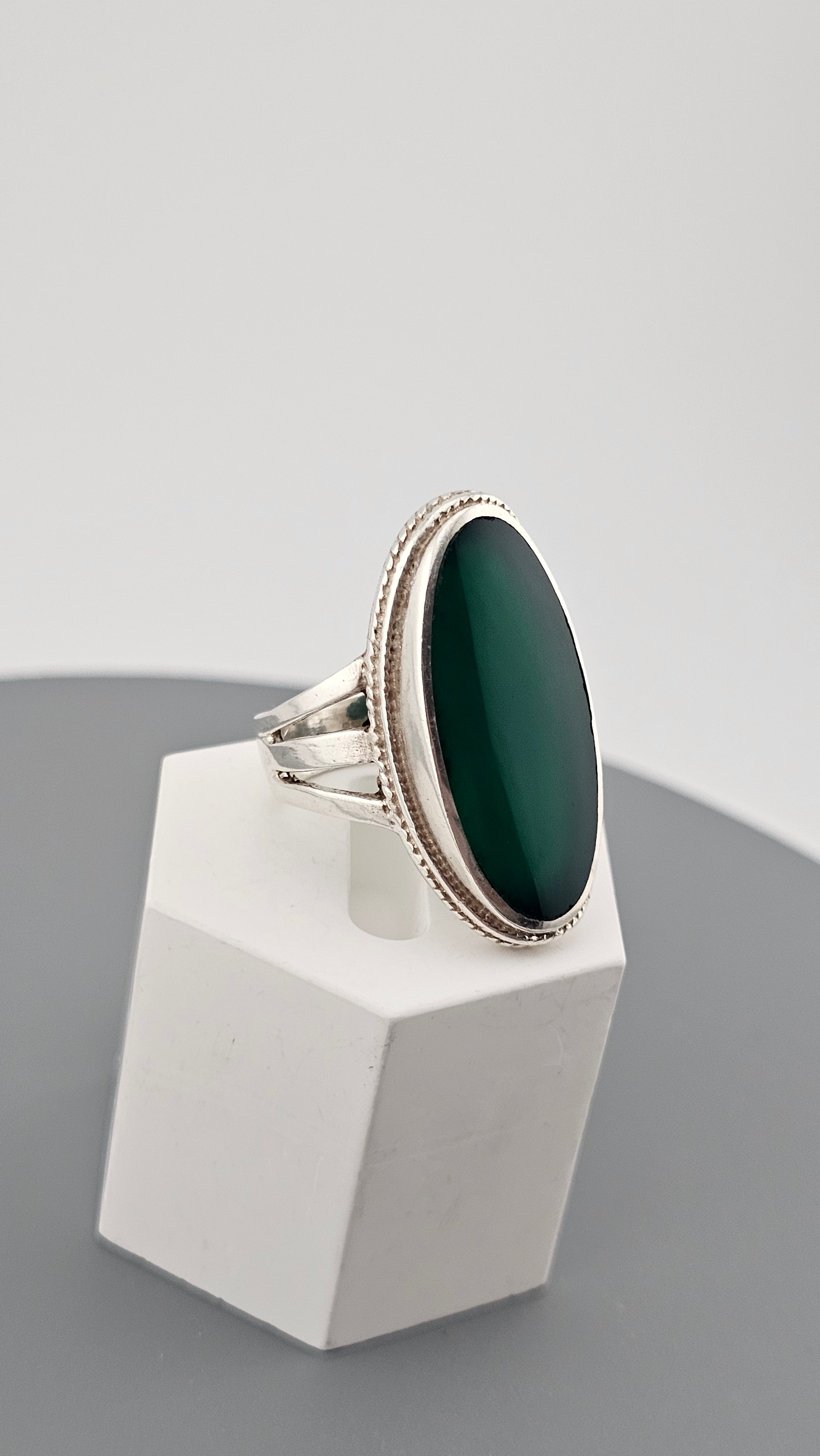 925 Sterling Silver Statement Ring set with Natural Green Onyx,size O