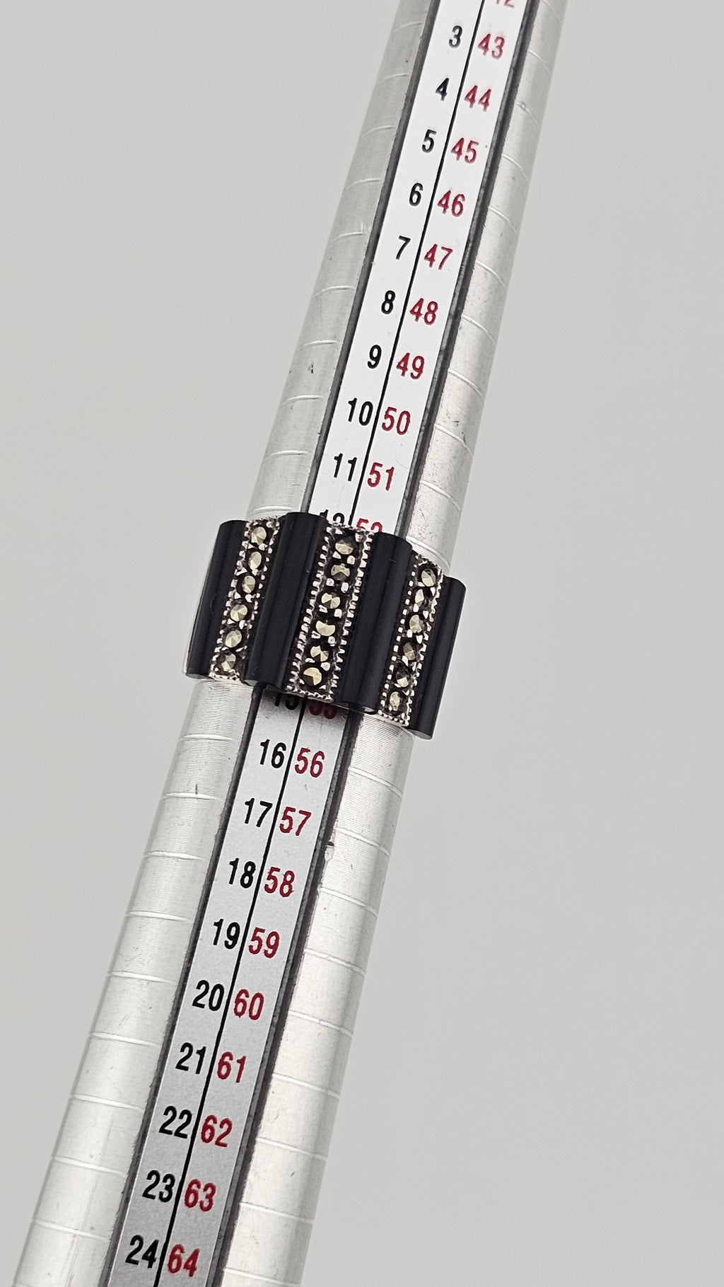 925 Sterling Silver Wide Band Ring Featuring Black Onyx and Marcasites, M 1/2