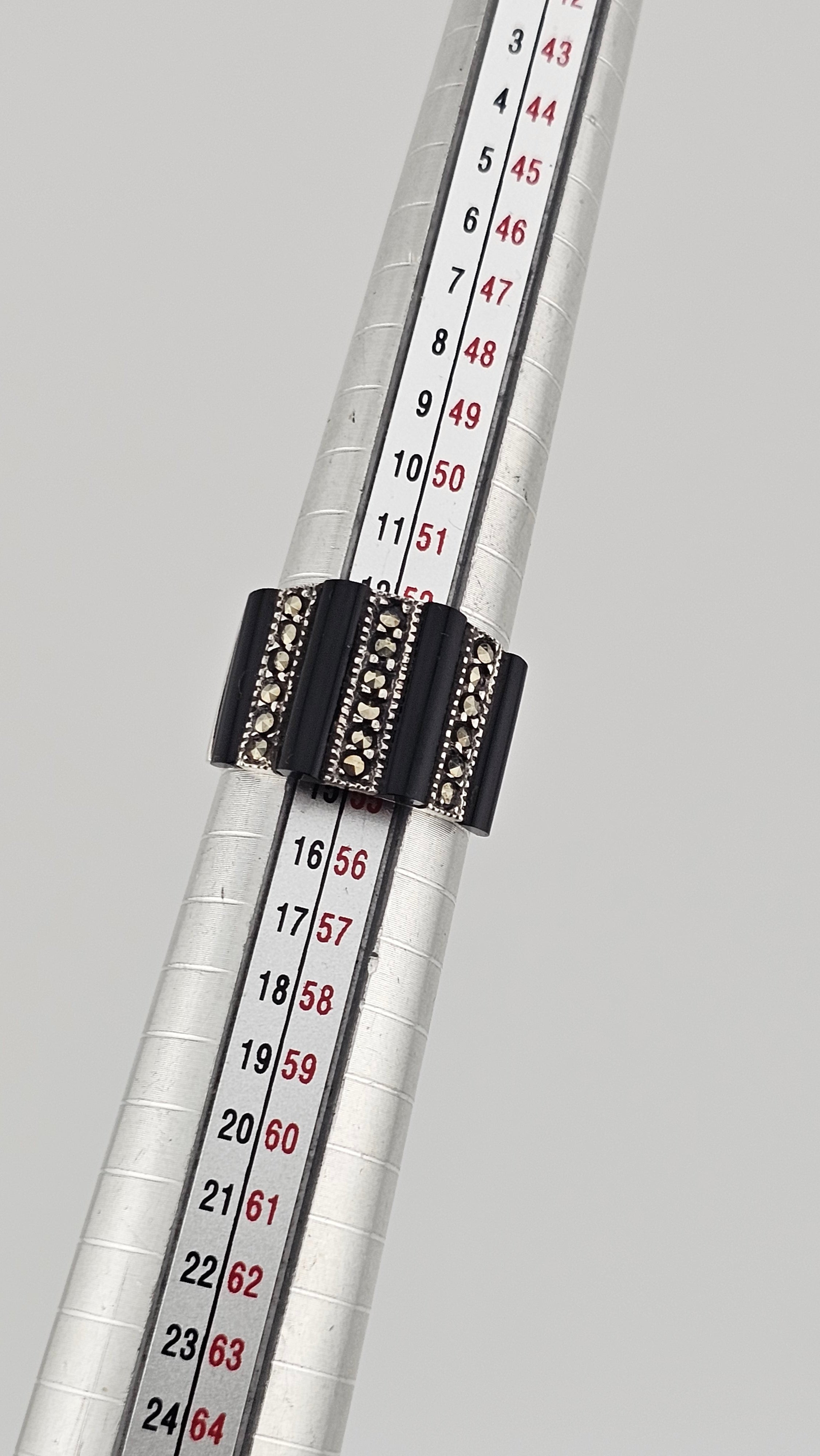 925 Sterling Silver Wide Band Ring Featuring Black Onyx and Marcasites, M 1/2