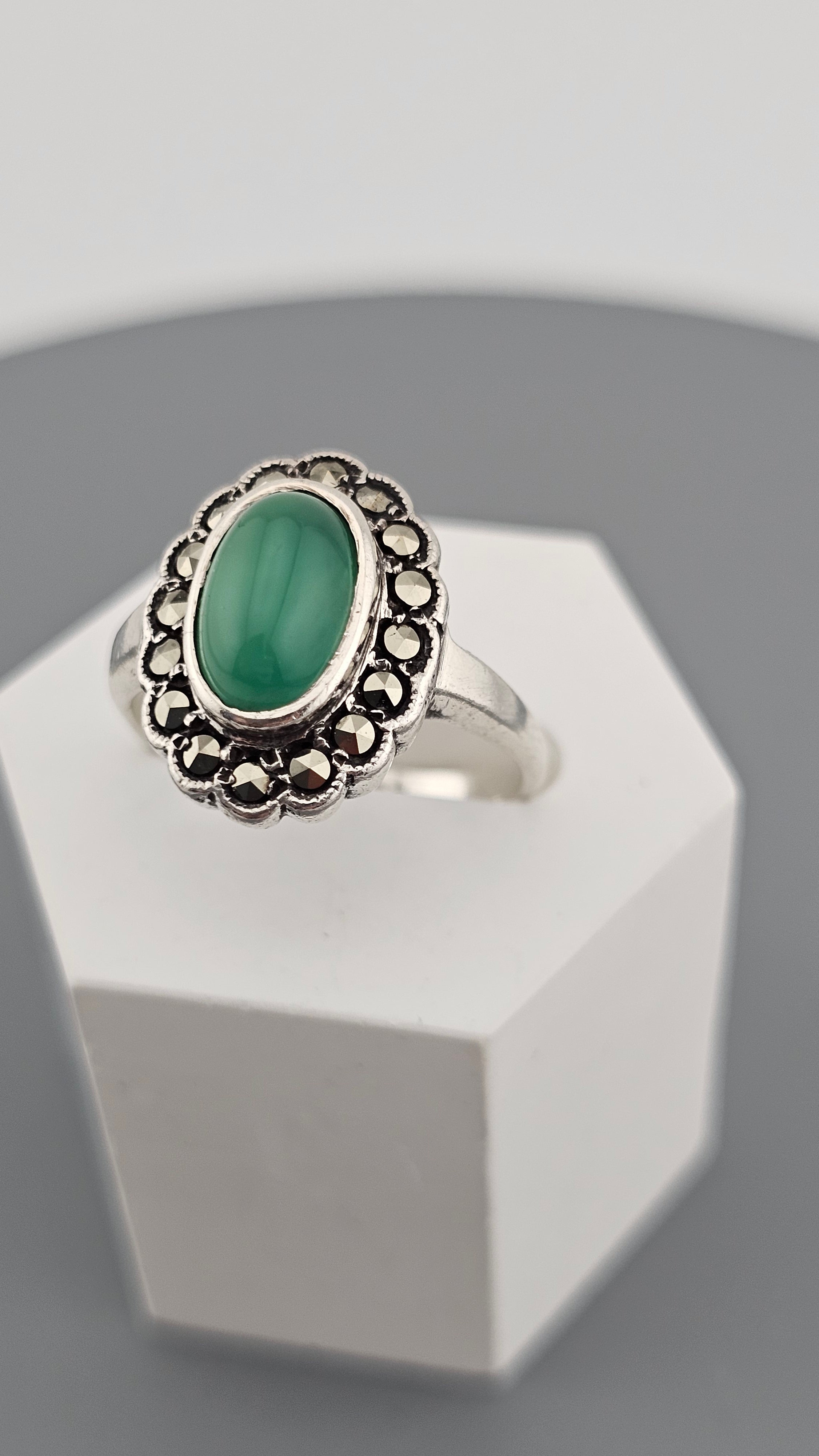 925 Sterling Silver Ring Featuring a Green Chalcedony and Marcasites, size O 1/2