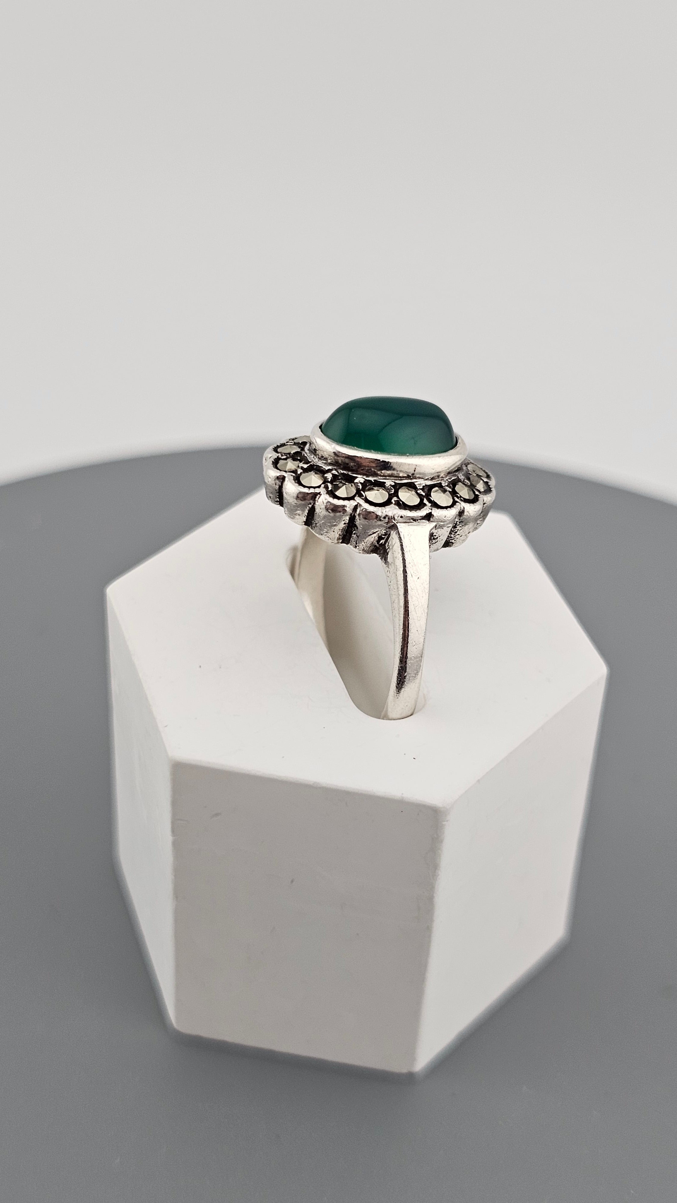 925 Sterling Silver Ring Featuring a Green Chalcedony and Marcasites, size O 1/2