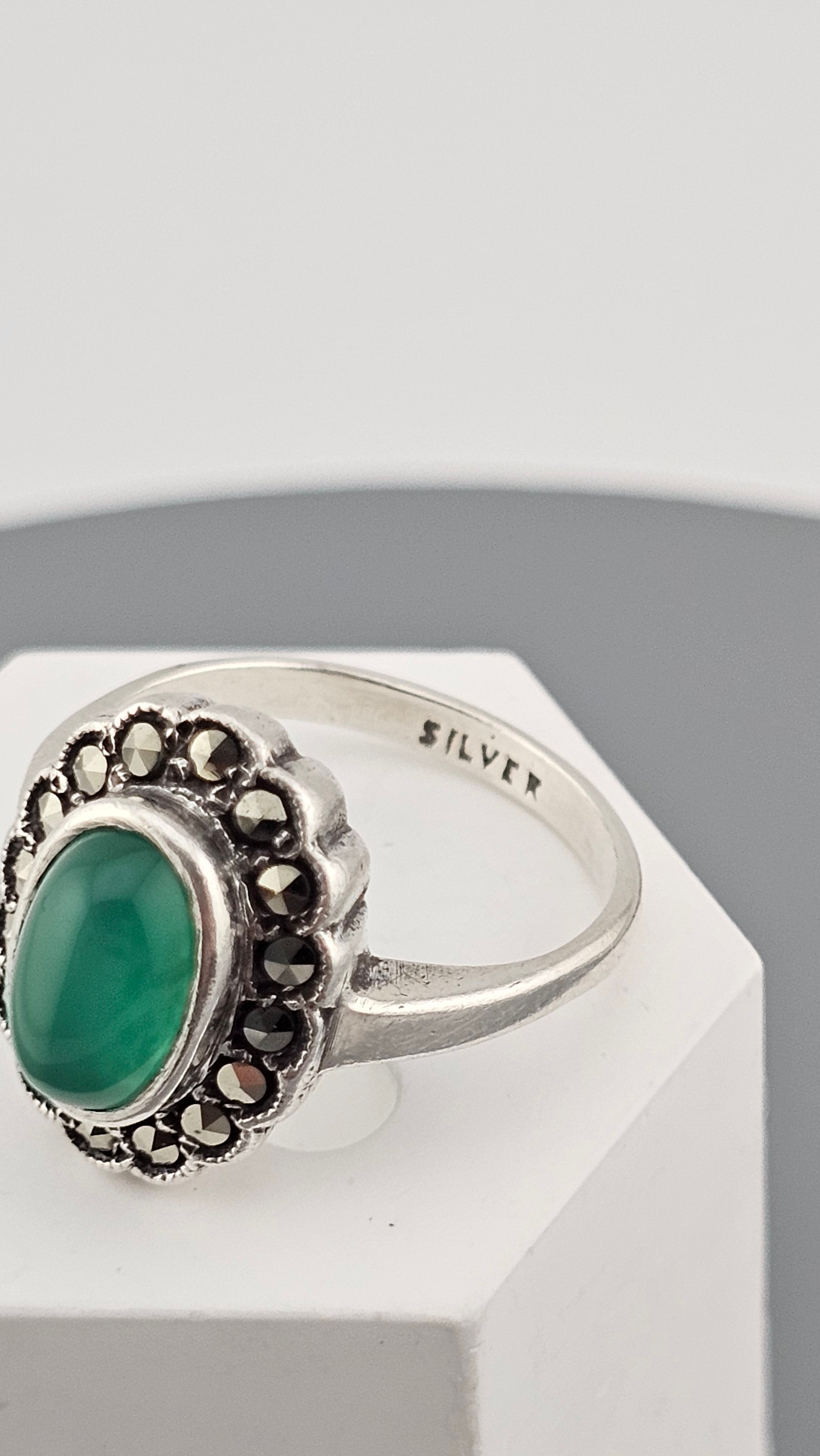 925 Sterling Silver Ring Featuring a Green Chalcedony and Marcasites, size O 1/2