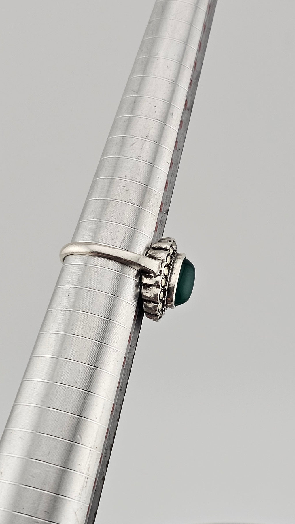 925 Sterling Silver Ring Featuring a Green Chalcedony and Marcasites, size O 1/2