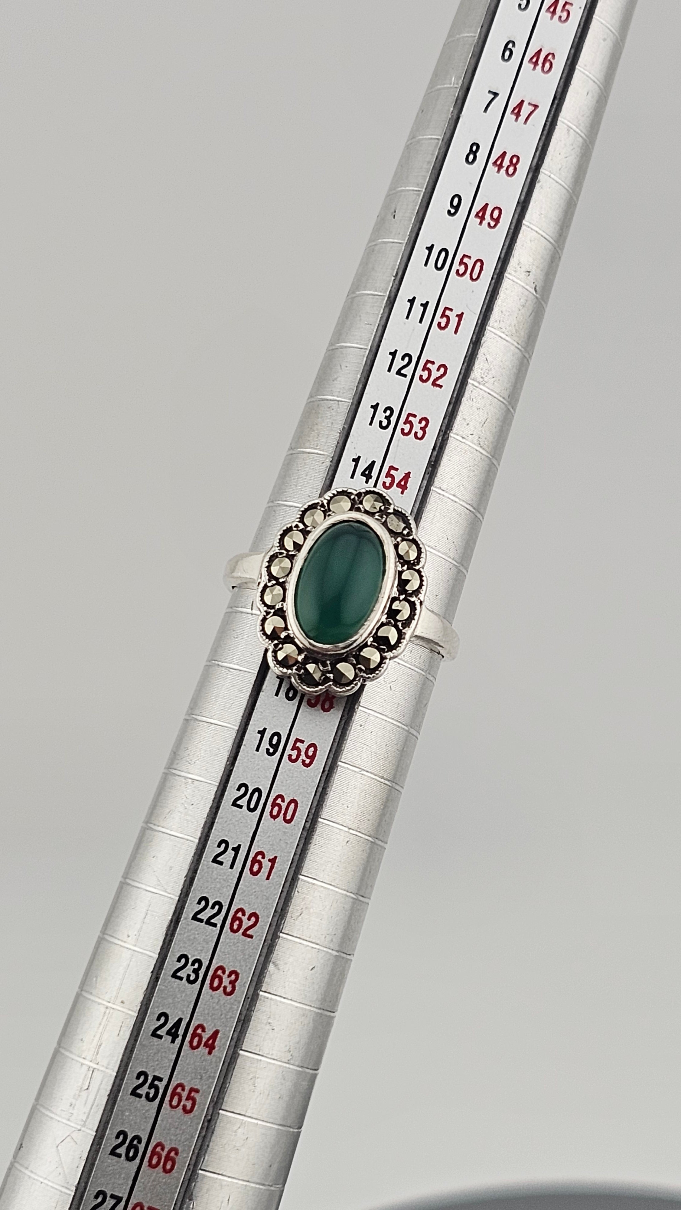 925 Sterling Silver Ring Featuring a Green Chalcedony and Marcasites, size O 1/2