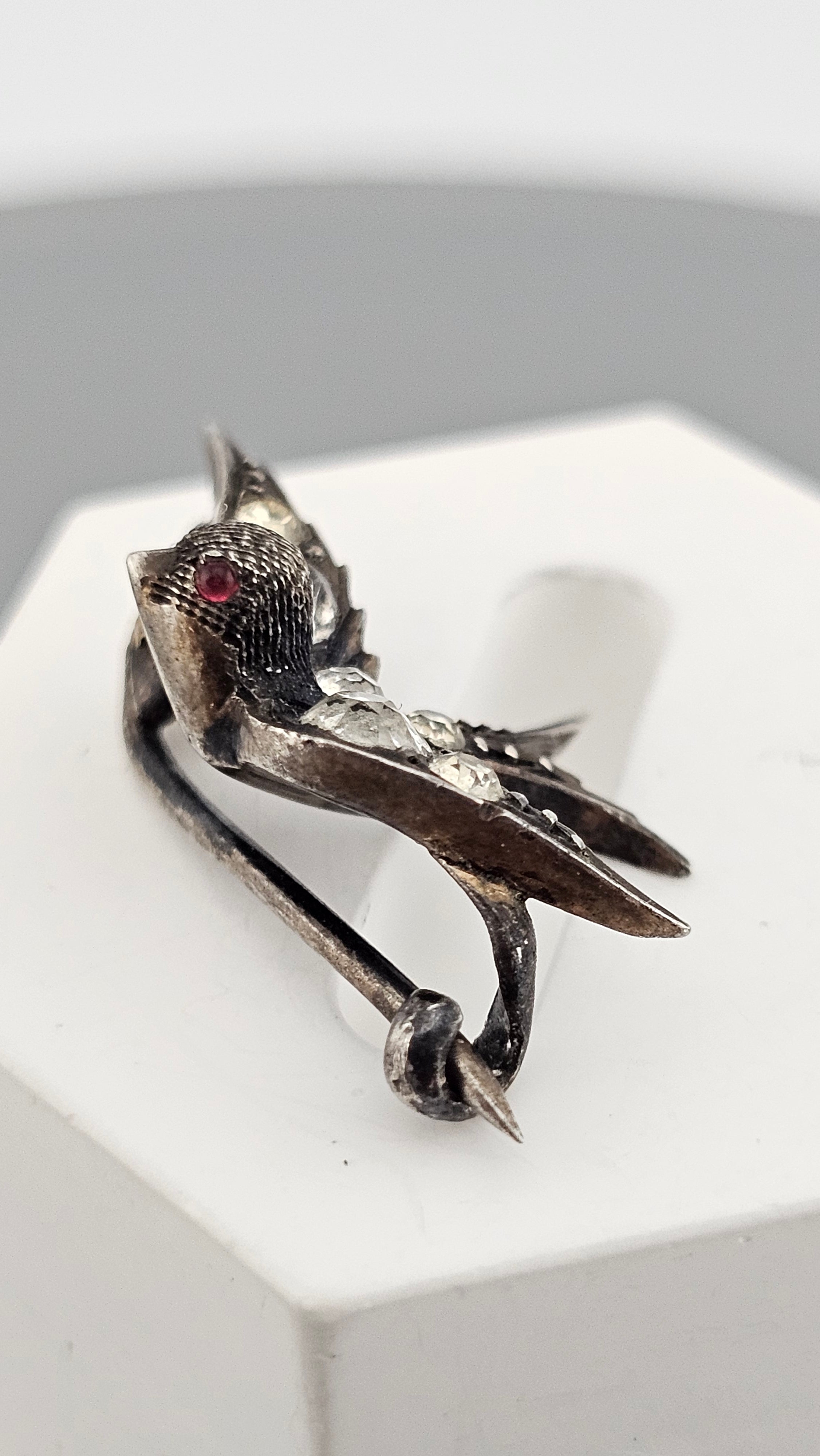 Antique Victorian Silver Paste Swallow Bird Brooch with a Red Paste Eyes