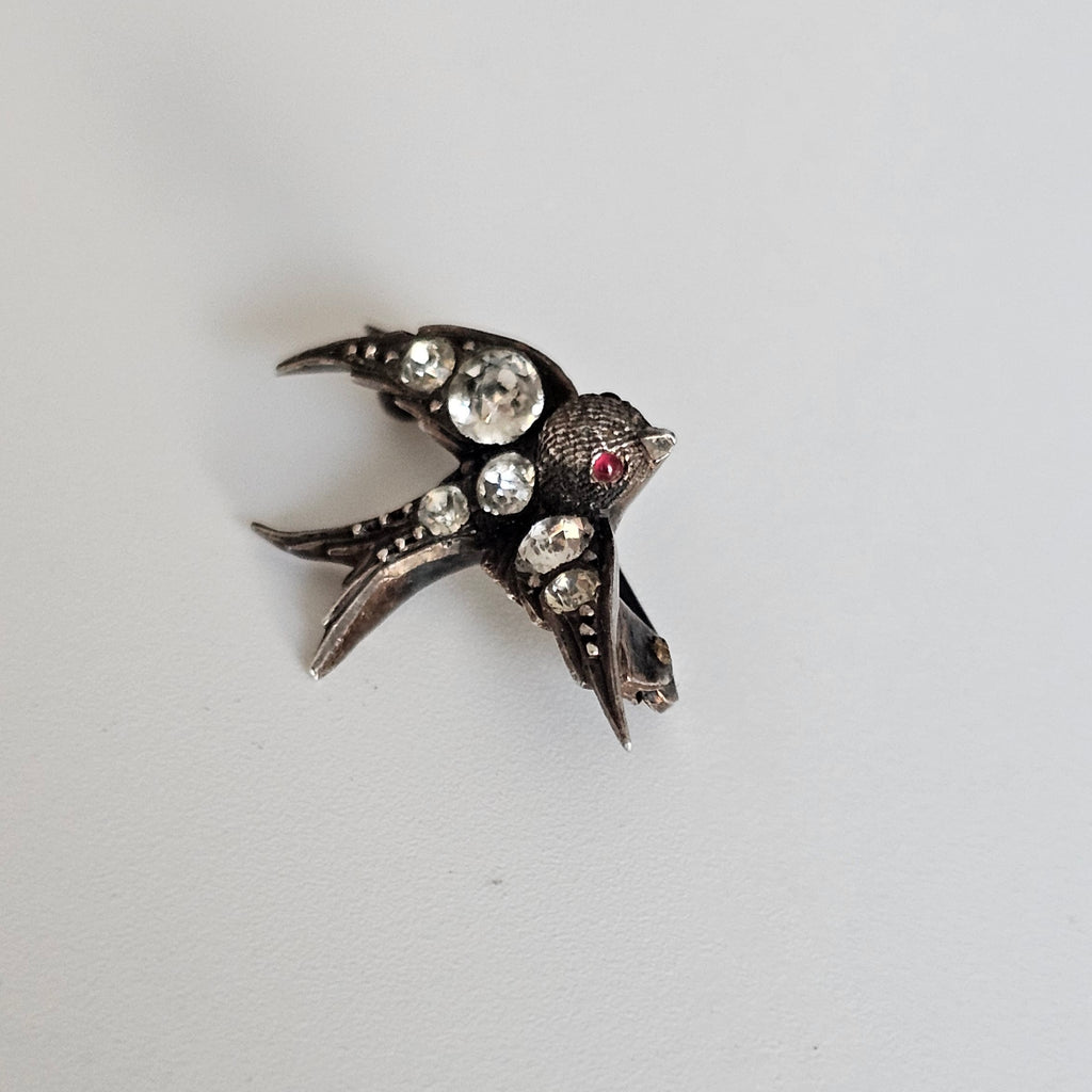 Antique Victorian Silver Paste Swallow Bird Brooch with a Red Paste Eyes