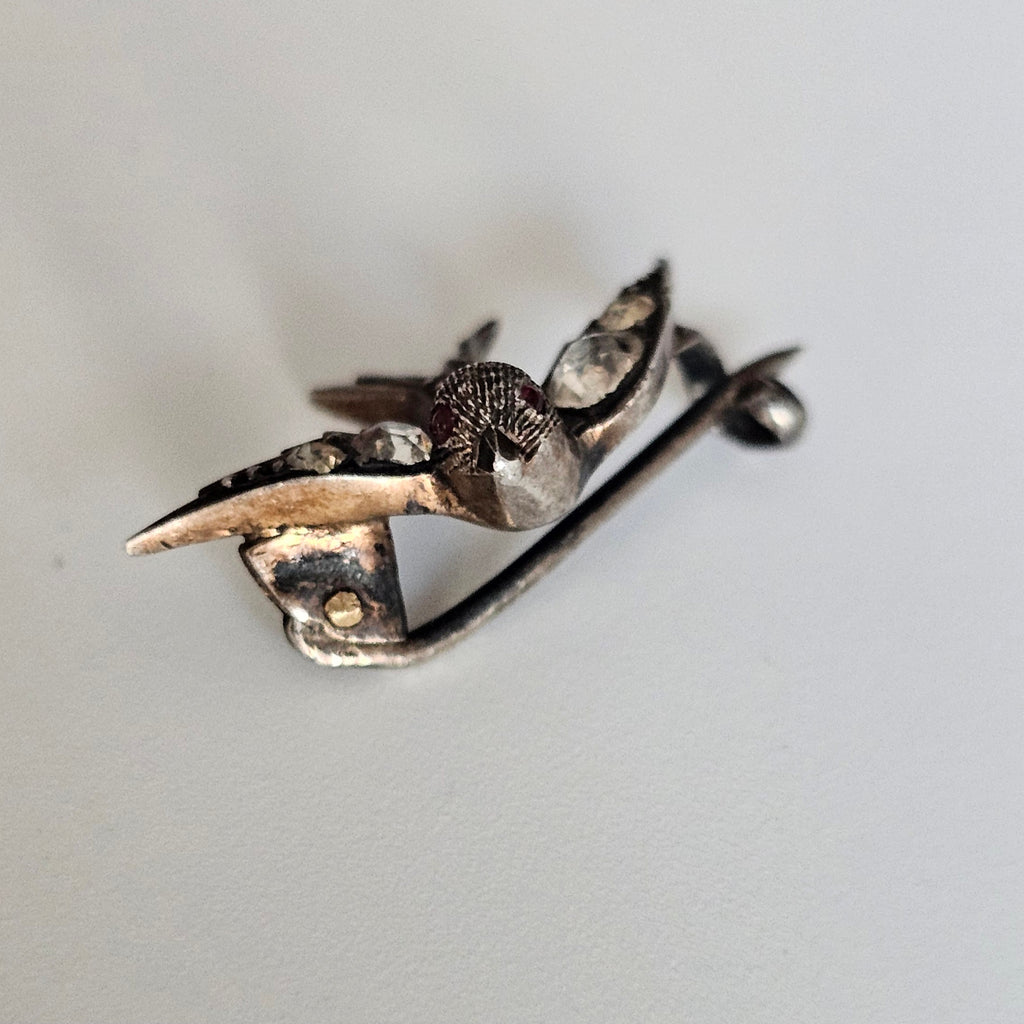 Antique Victorian Silver Paste Swallow Bird Brooch with a Red Paste Eyes
