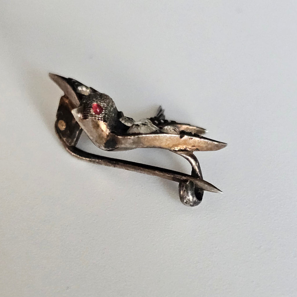 Antique Victorian Silver Paste Swallow Bird Brooch with a Red Paste Eyes