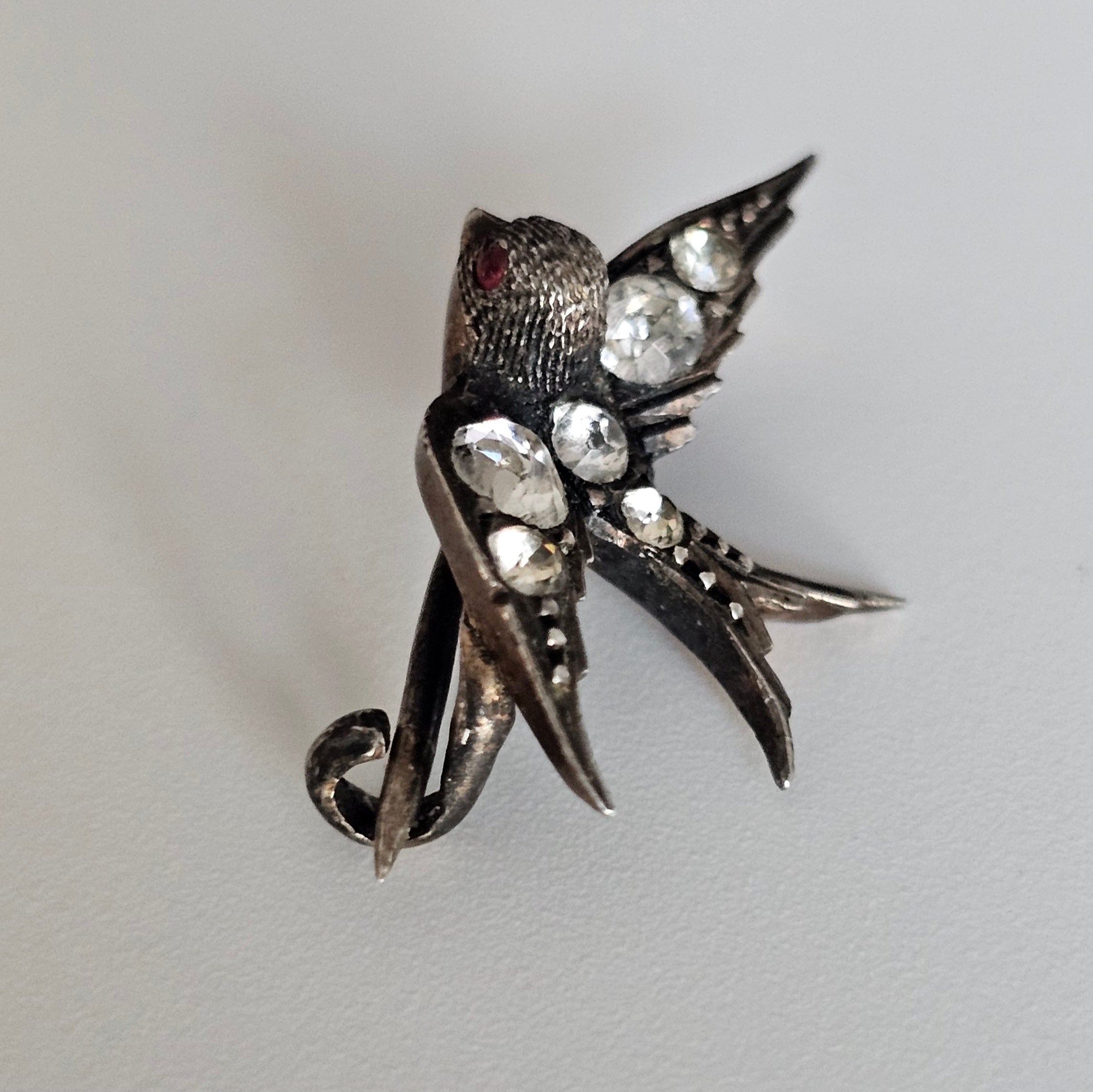 Antique Victorian Silver Paste Swallow Bird Brooch with a Red Paste Eyes