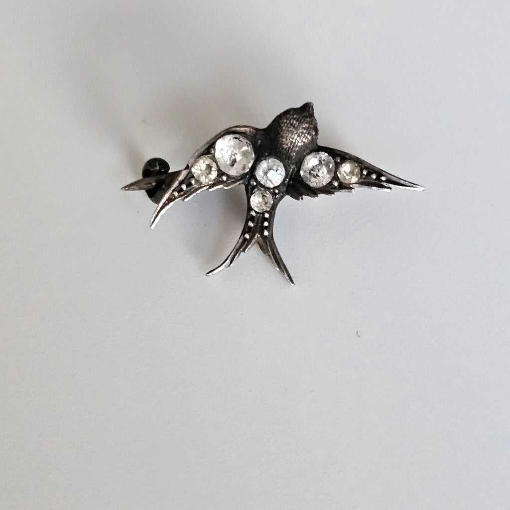 Antique Victorian Silver Paste Swallow Bird Brooch with a Red Paste Eyes