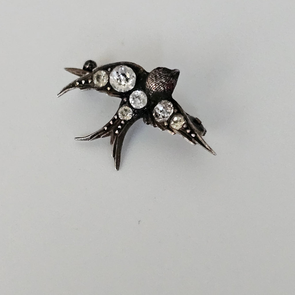 Antique Victorian Silver Paste Swallow Bird Brooch with a Red Paste Eyes