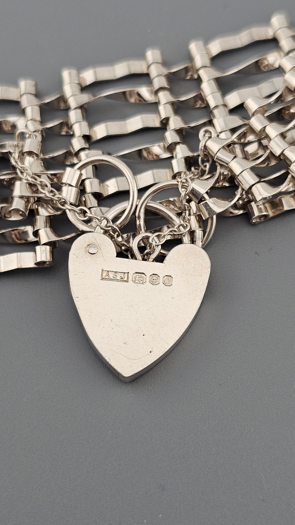 Vintage 925 Sterling Silver Gate Bracelet Featuring Heart Padlock Clasp