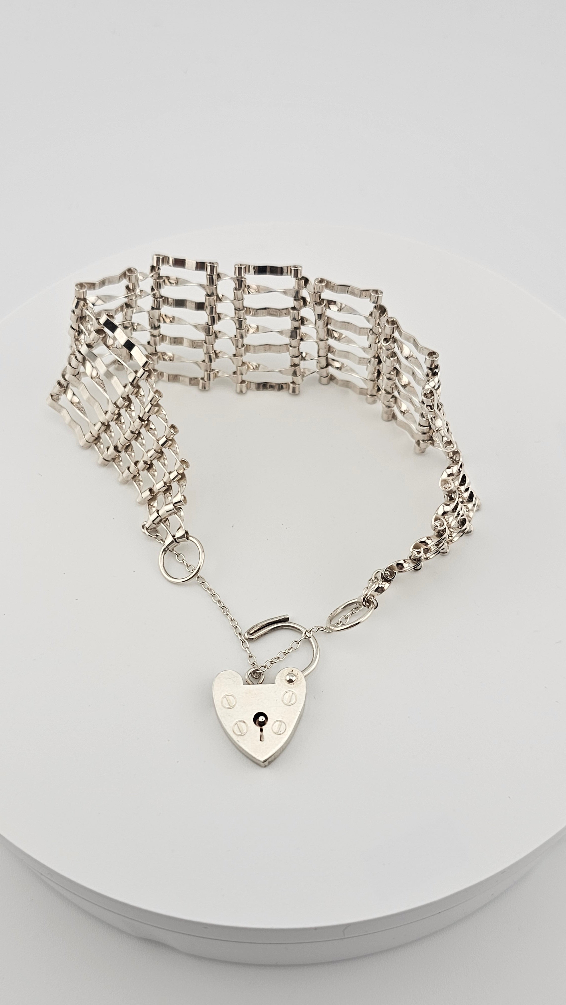 Vintage 925 Sterling Silver Gate Bracelet Featuring Heart Padlock Clasp