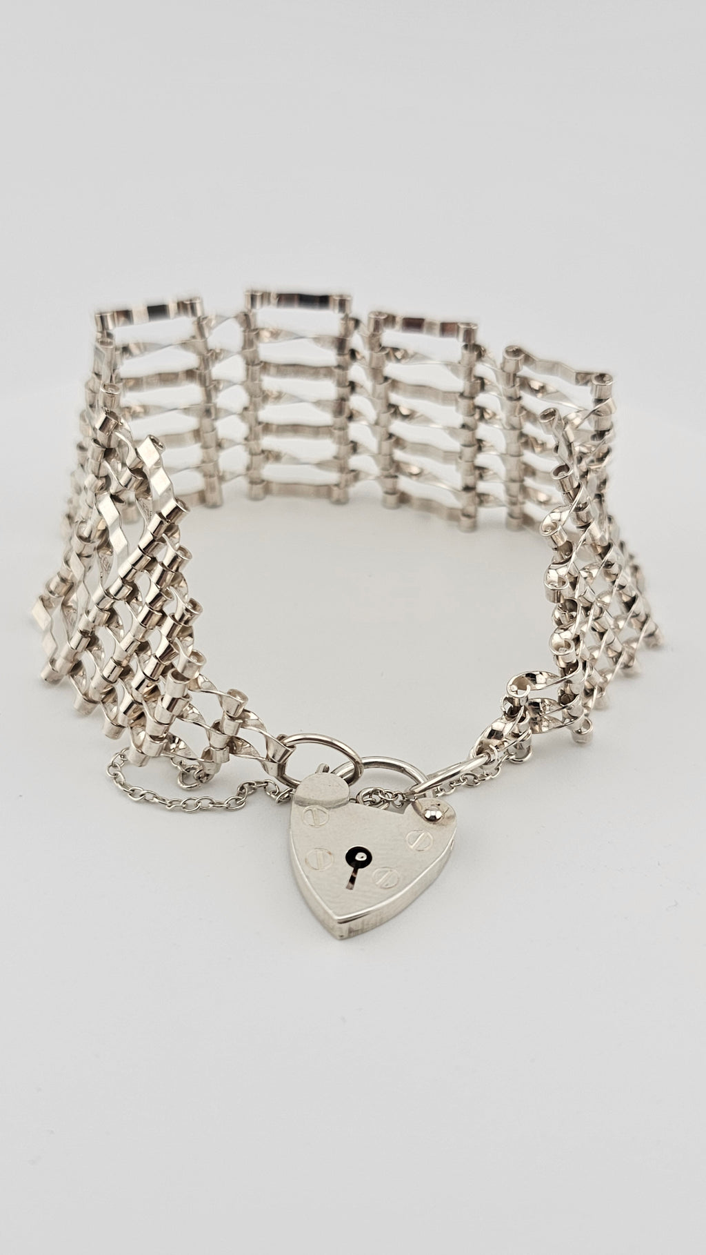 Vintage 925 Sterling Silver Gate Bracelet Featuring Heart Padlock Clasp