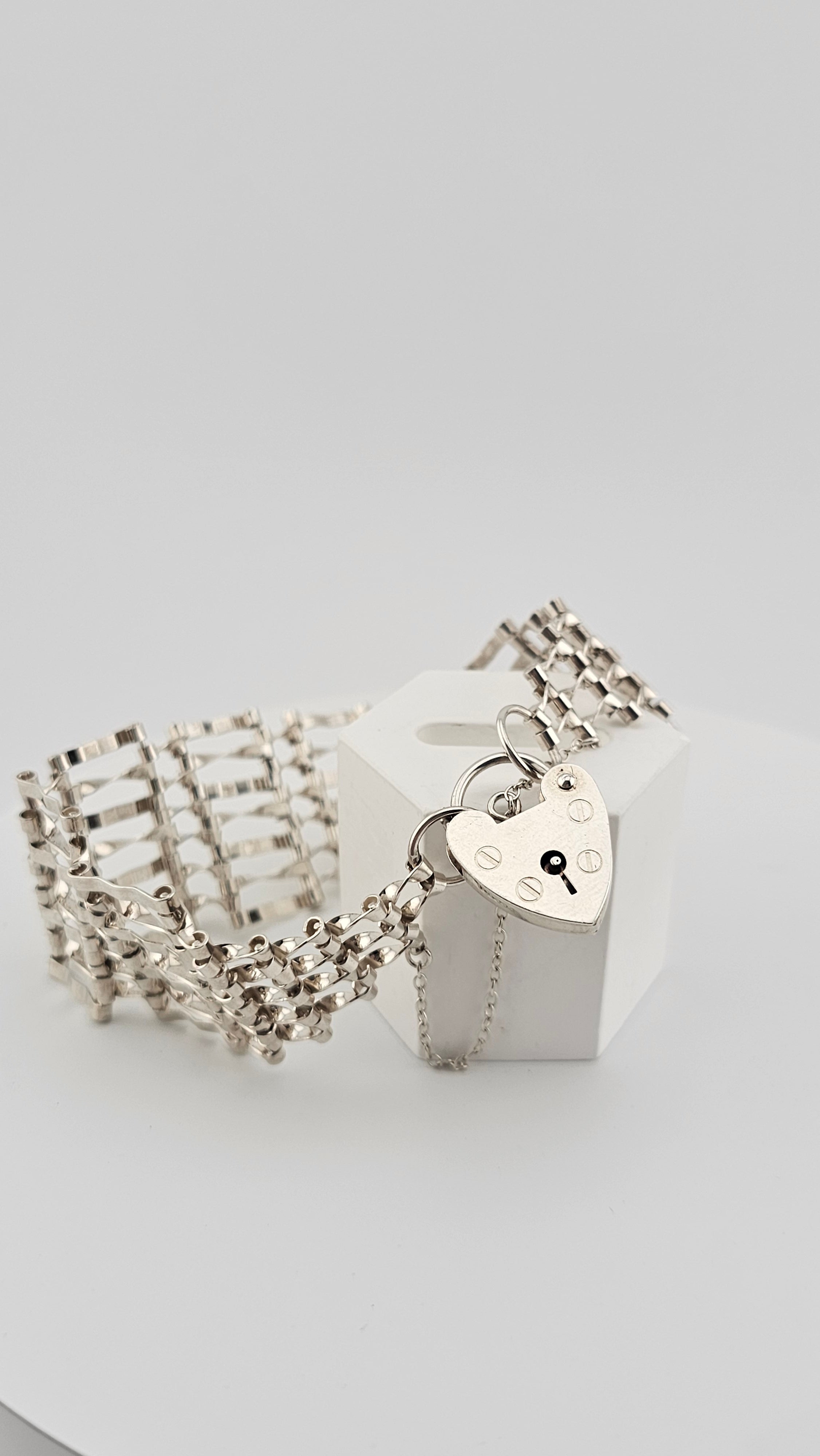 Vintage 925 Sterling Silver Gate Bracelet Featuring Heart Padlock Clasp