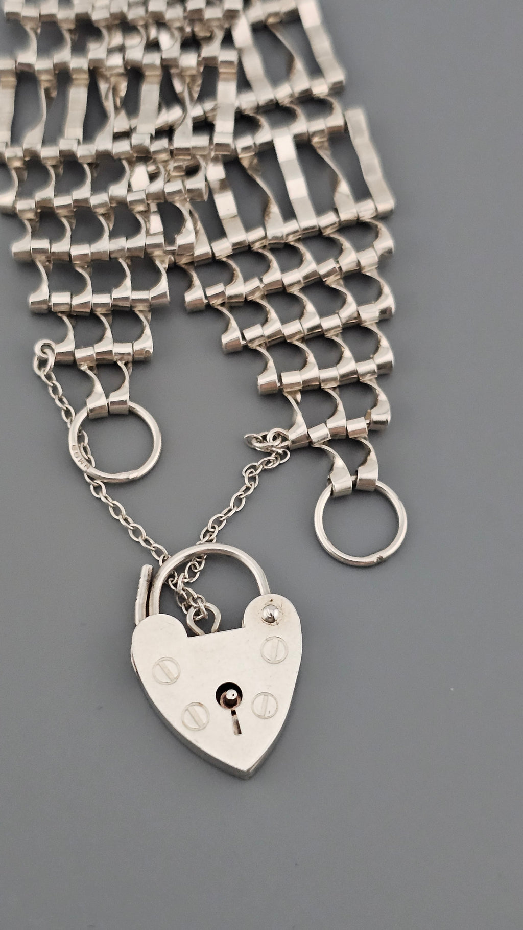 Vintage 925 Sterling Silver Gate Bracelet Featuring Heart Padlock Clasp