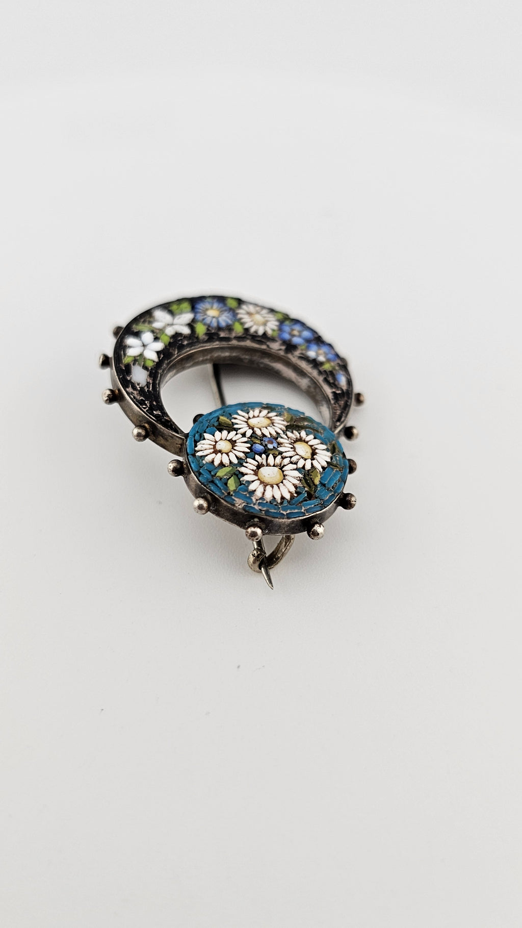 Antique Silver Italian Micro Mosaic Honeymoon Brooch