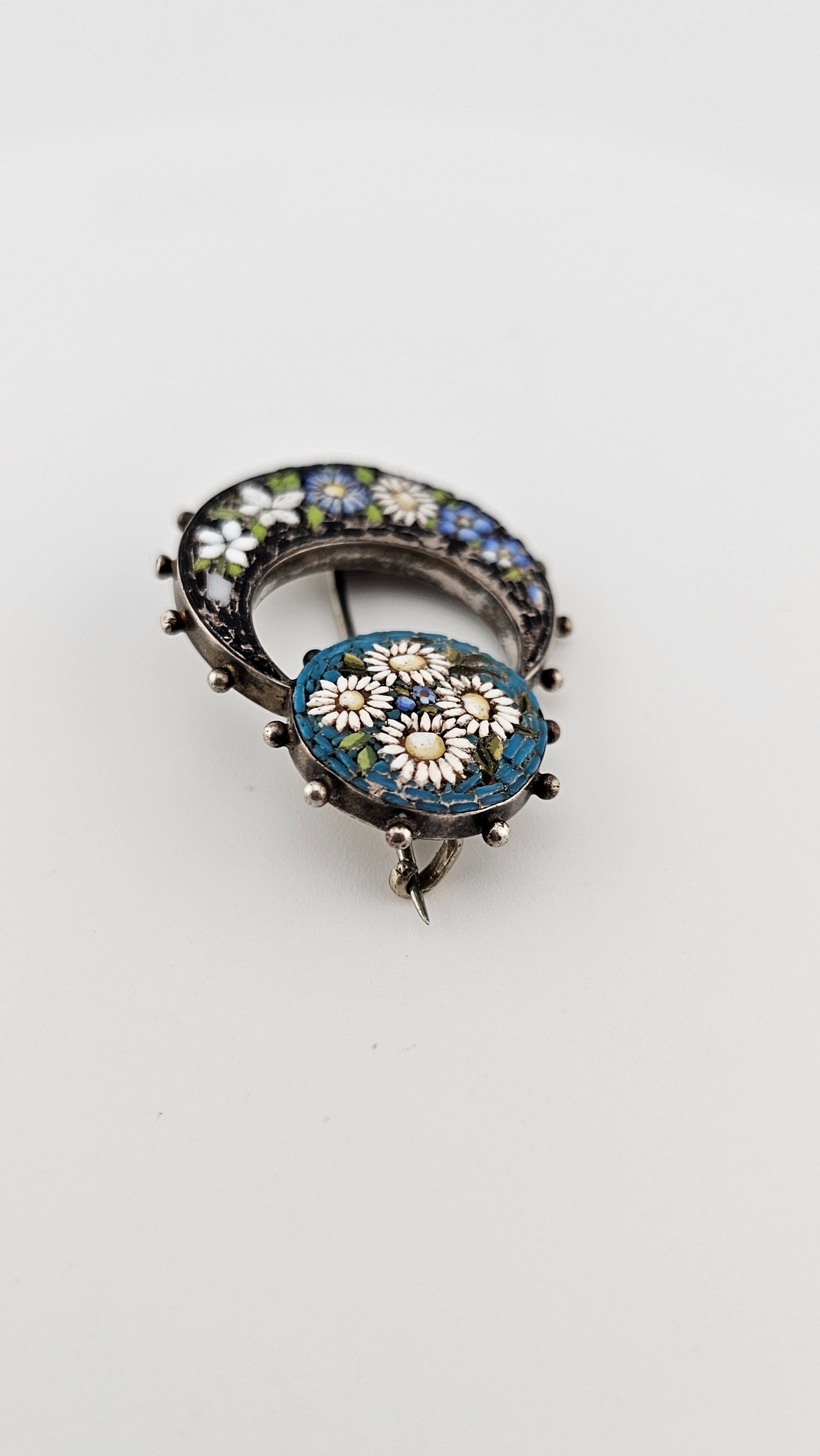 Antique Silver Italian Micro Mosaic Honeymoon Brooch