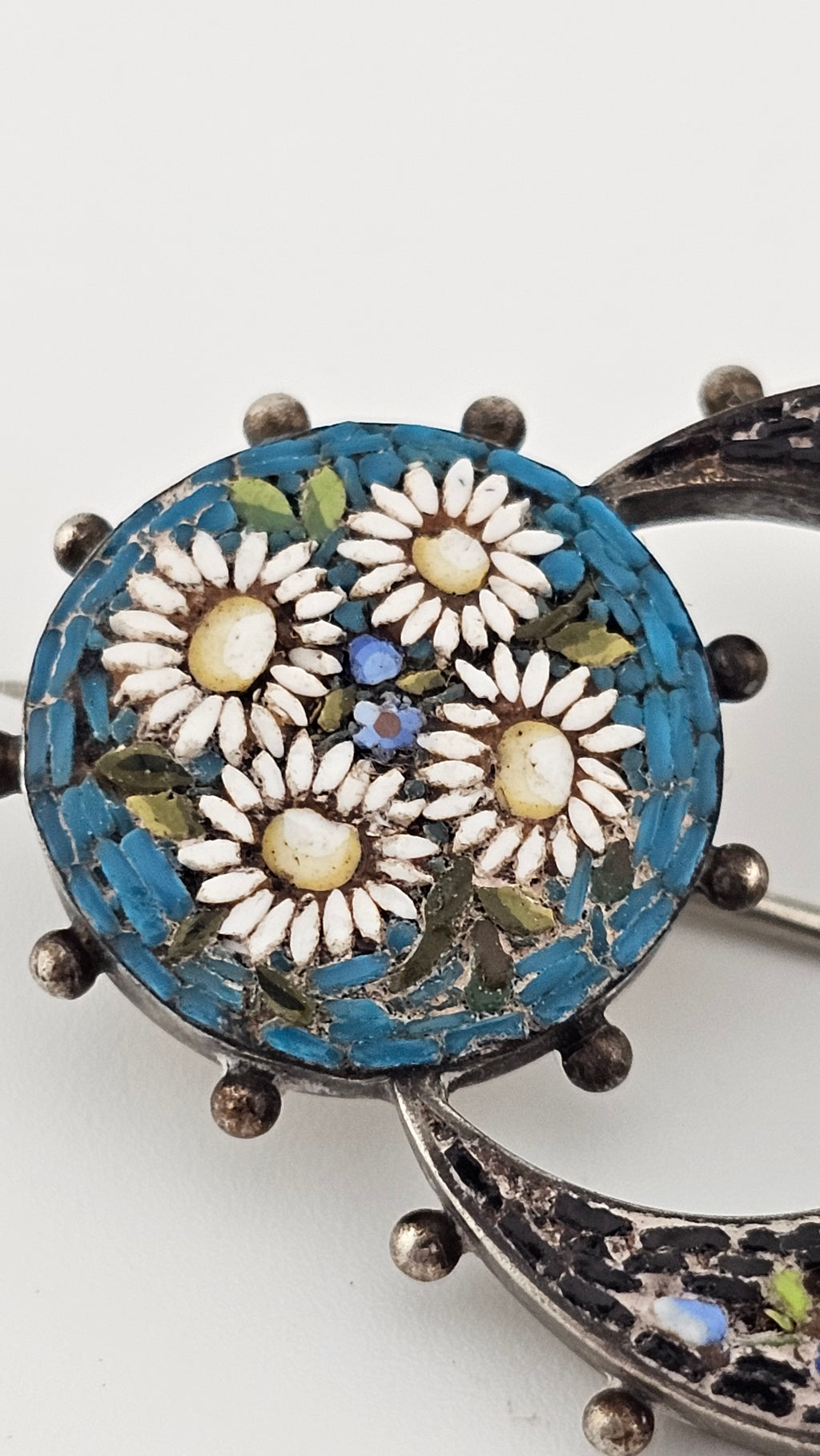 Antique Silver Italian Micro Mosaic Honeymoon Brooch