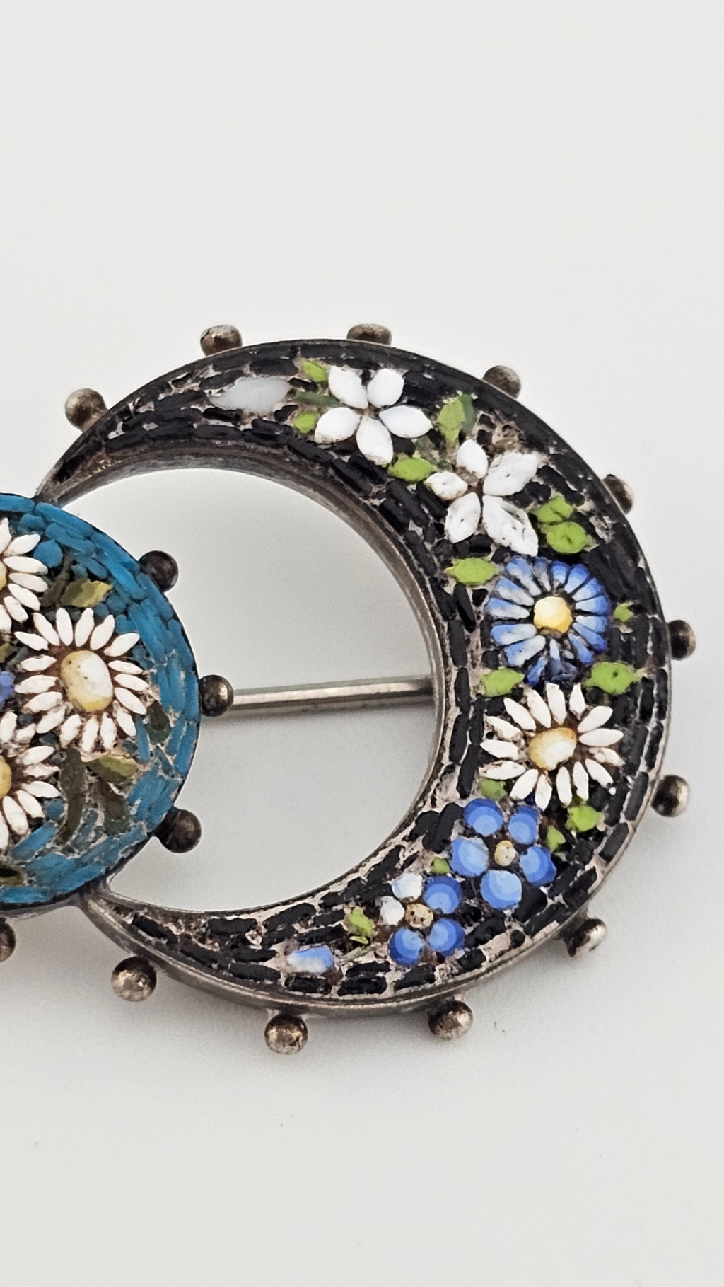 Antique Silver Italian Micro Mosaic Honeymoon Brooch
