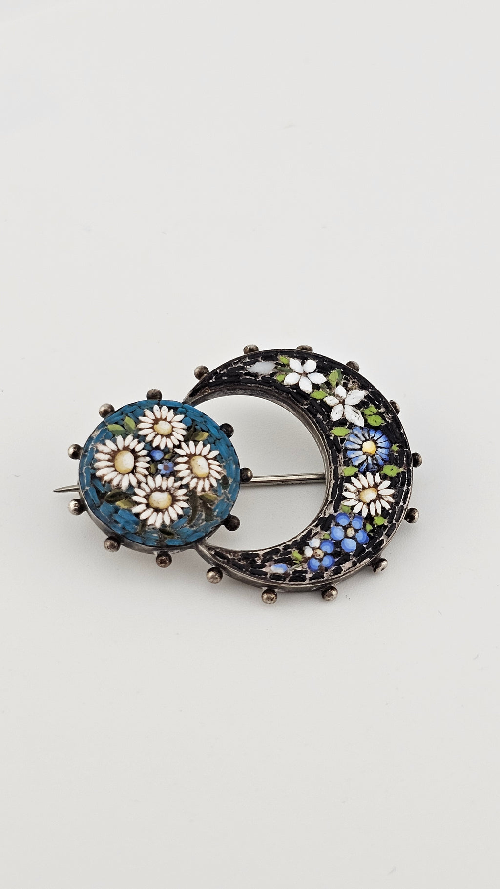 Antique Silver Italian Micro Mosaic Honeymoon Brooch