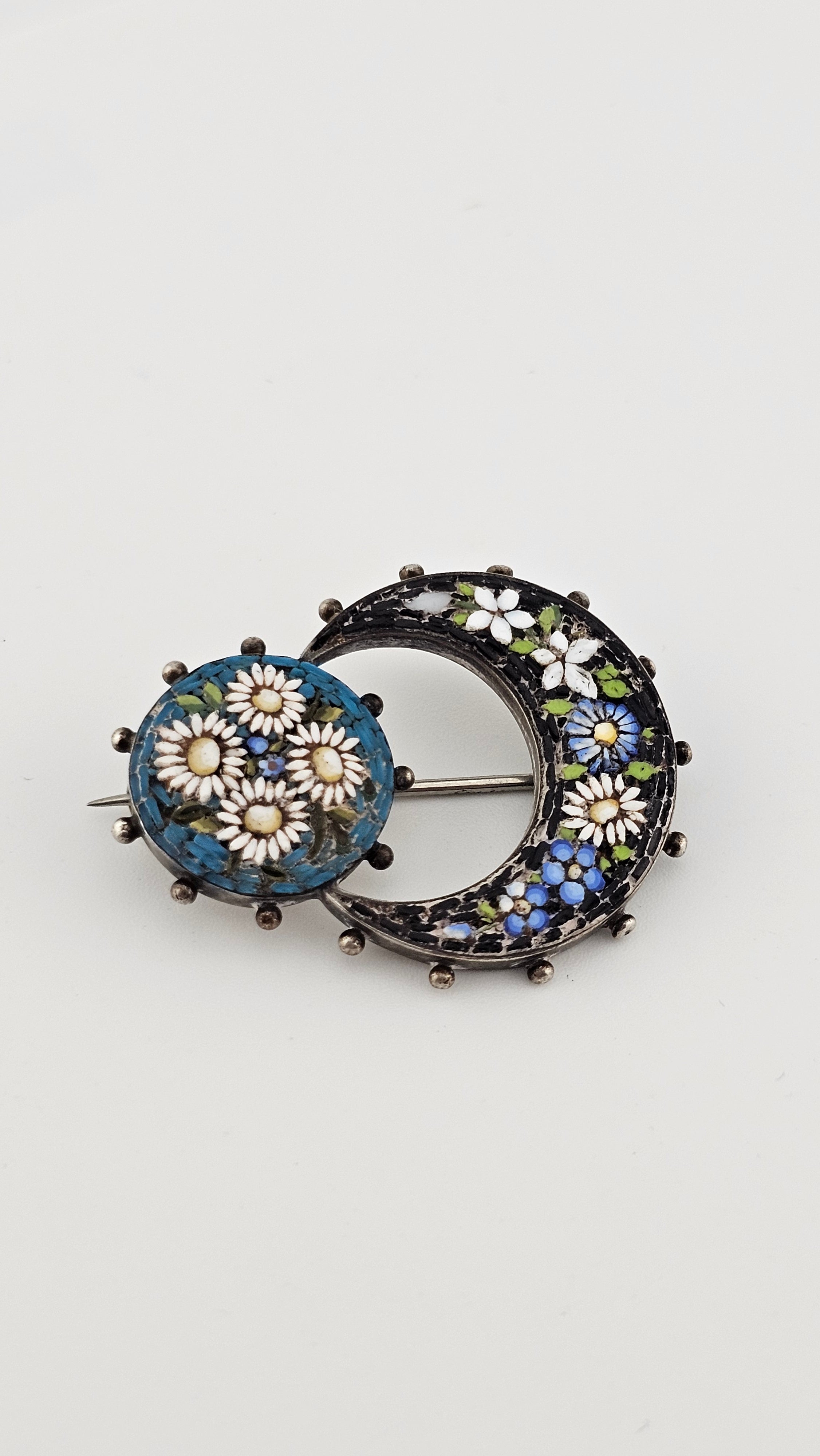Antique Silver Italian Micro Mosaic Honeymoon Brooch