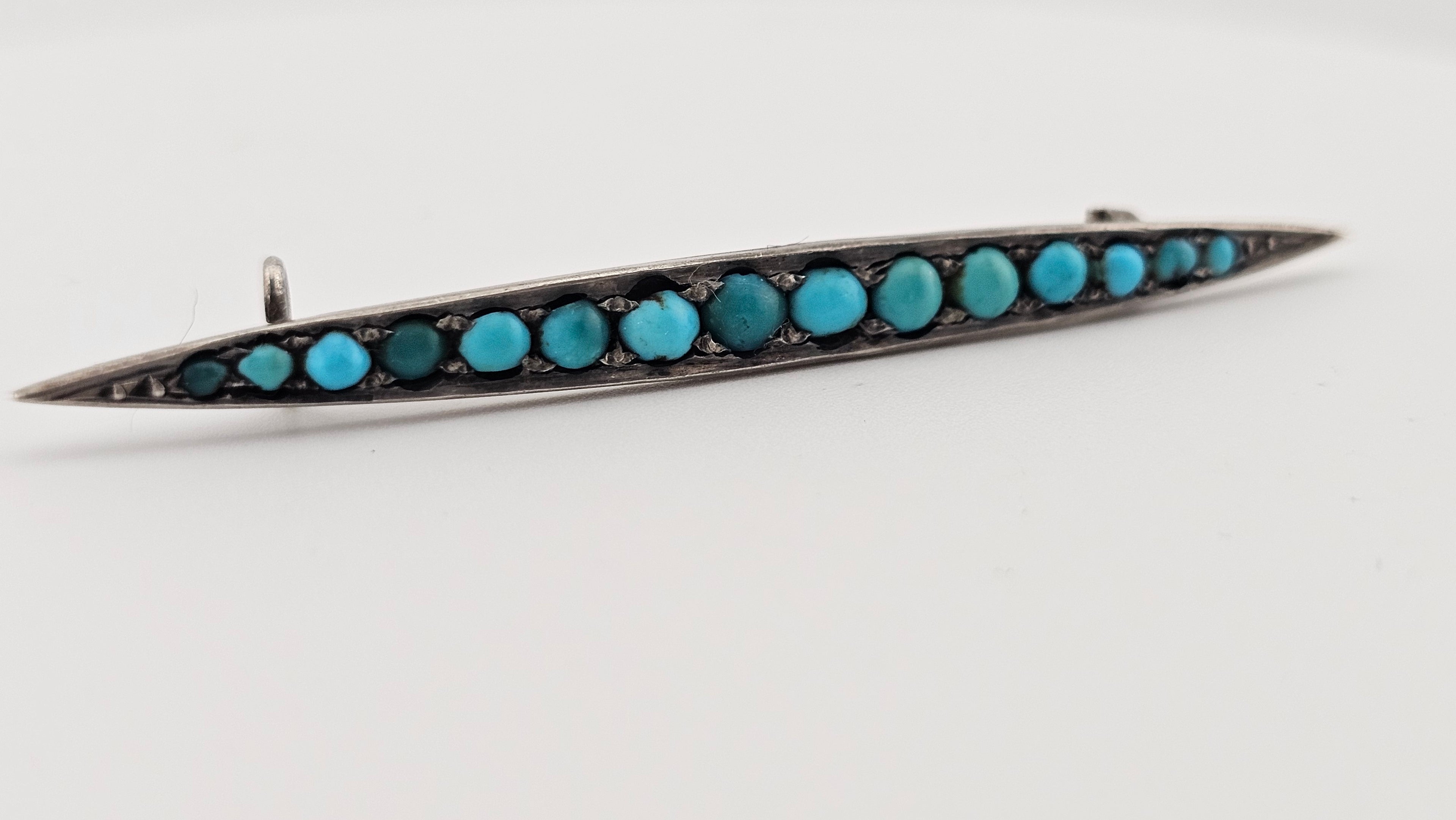 Antique Silver Gilt Bar Pin Brooch set with Turquoise Cabochon Stones