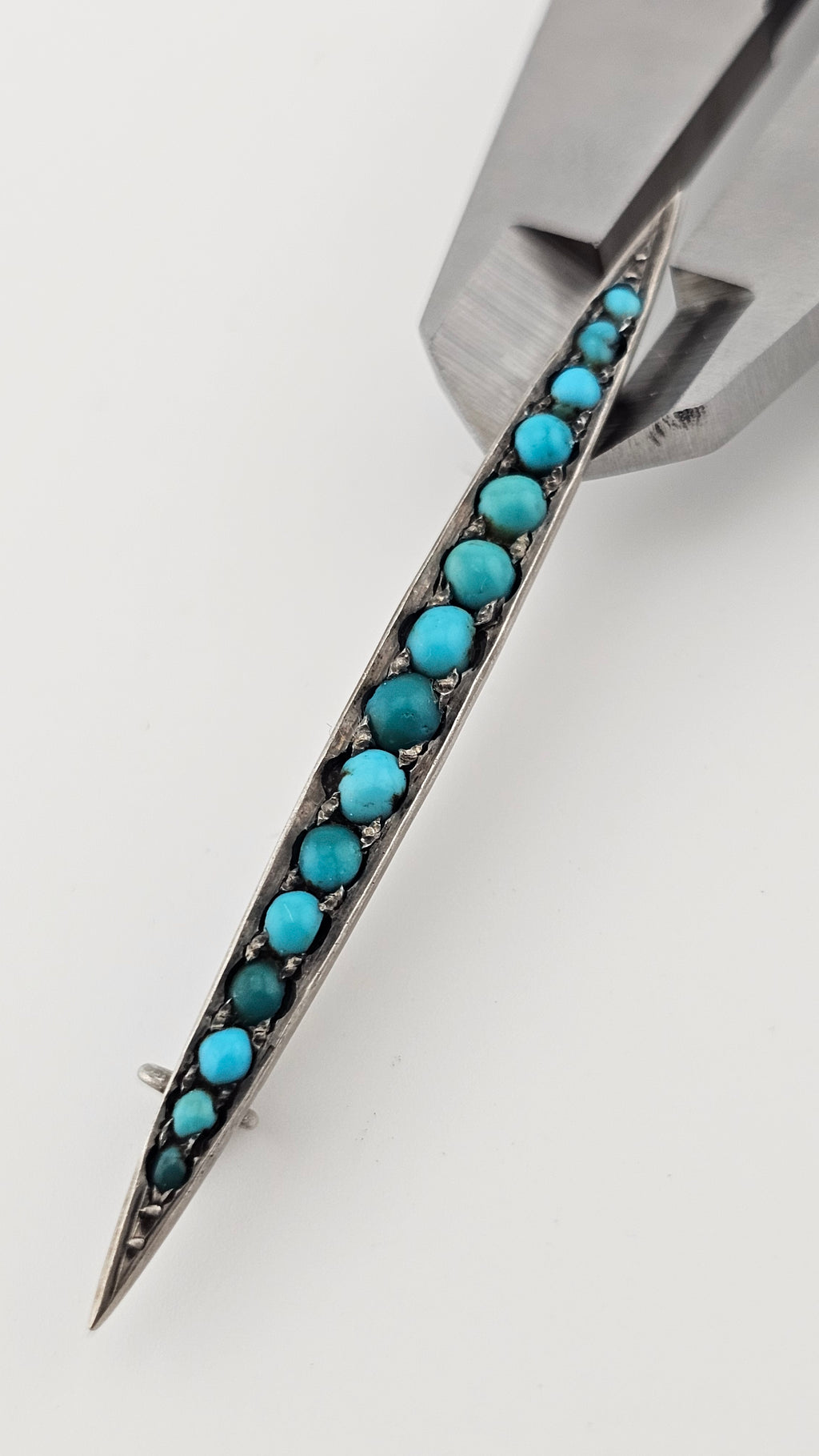 Antique Silver Gilt Bar Pin Brooch set with Turquoise Cabochon Stones