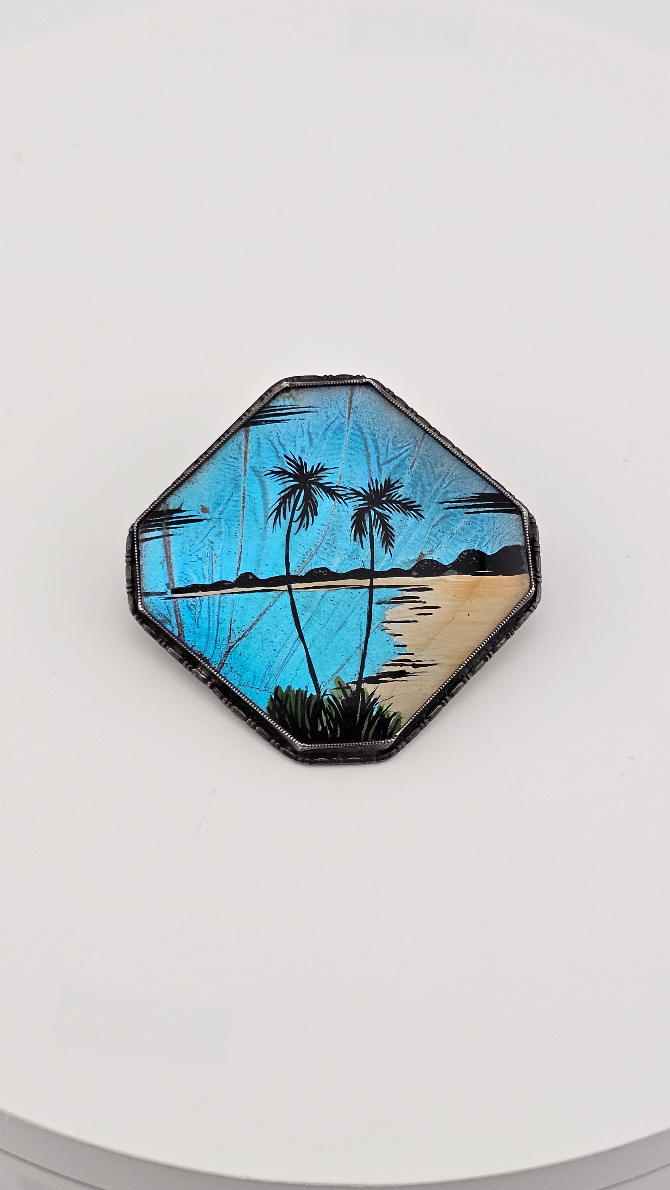 Antique 1920 Sterling Silver Blue Morpho Butterfly Wing Brooch