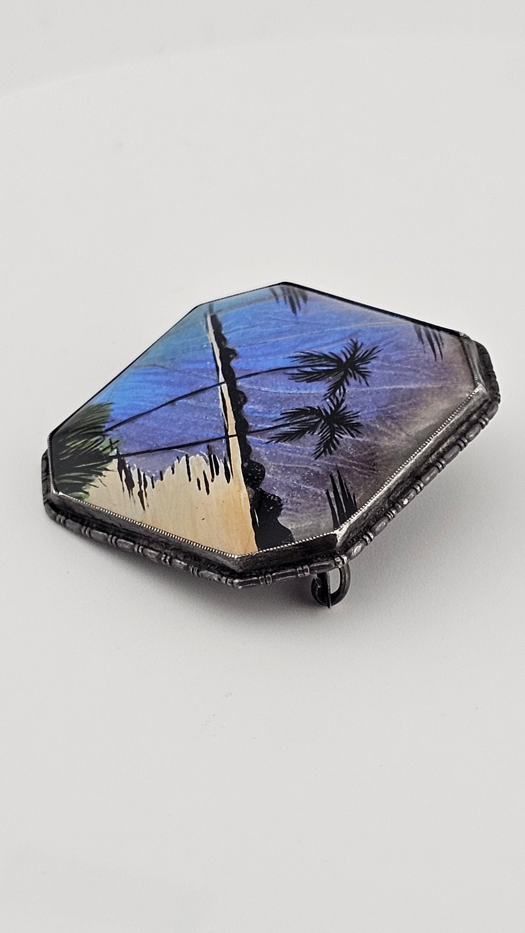 Antique 1920 Sterling Silver Blue Morpho Butterfly Wing Brooch