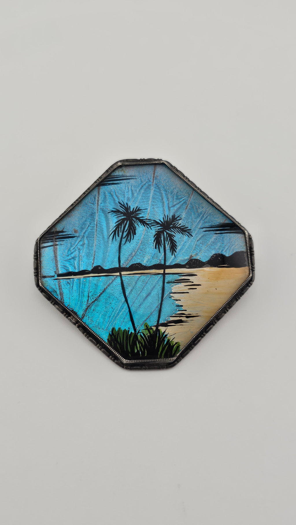 Antique 1920 Sterling Silver Blue Morpho Butterfly Wing Brooch