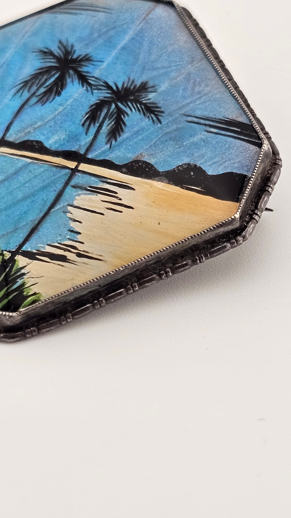 Antique 1920 Sterling Silver Blue Morpho Butterfly Wing Brooch