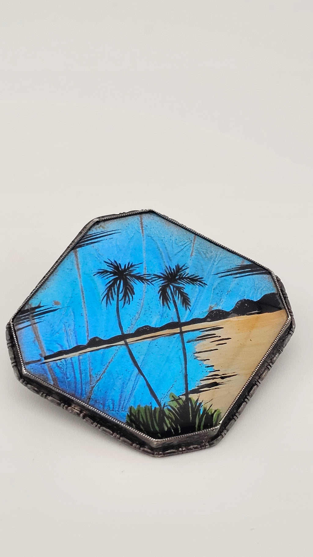 Antique 1920 Sterling Silver Blue Morpho Butterfly Wing Brooch