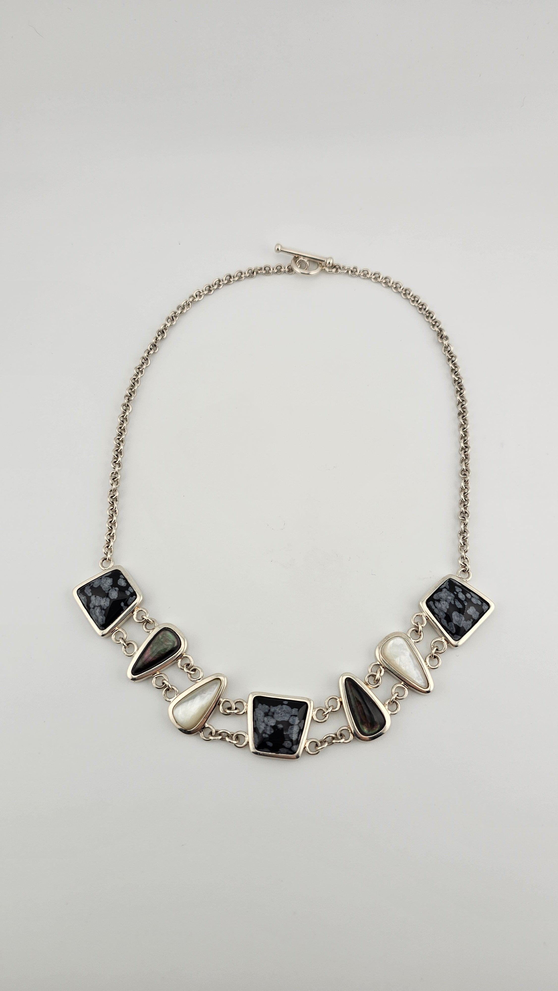 Vintage 925 Sterling Silver T Bar Necklace Featuring Snowflake Obsidian and Mother of Pearl
