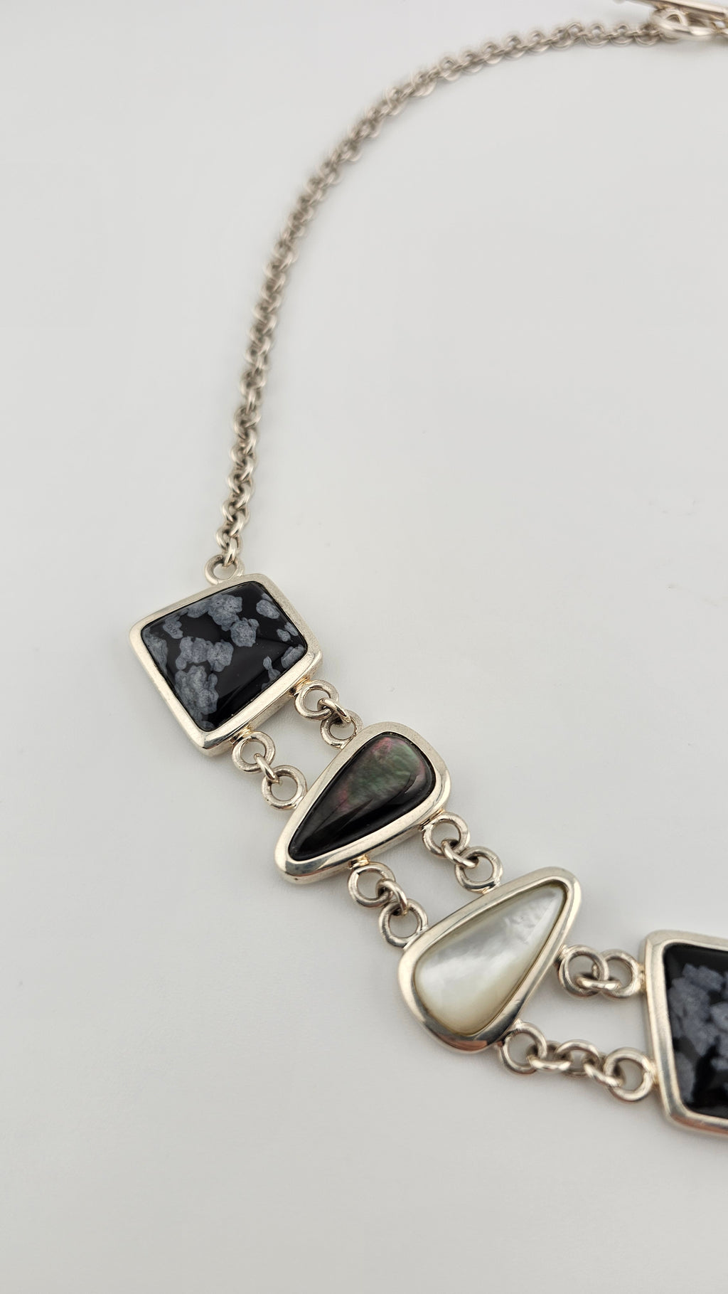Vintage 925 Sterling Silver T Bar Necklace Featuring Snowflake Obsidian and Mother of Pearl