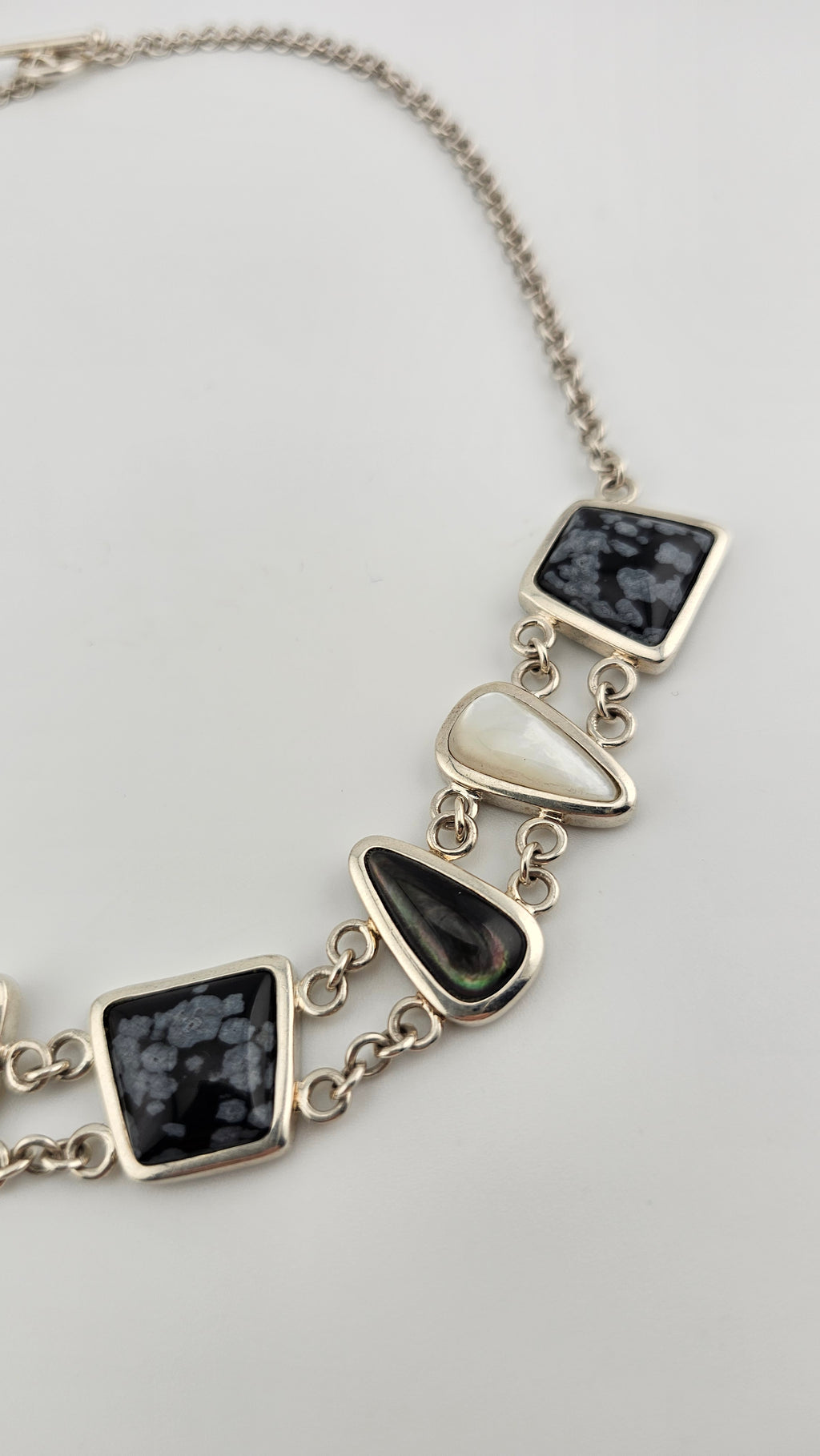 Vintage 925 Sterling Silver T Bar Necklace Featuring Snowflake Obsidian and Mother of Pearl