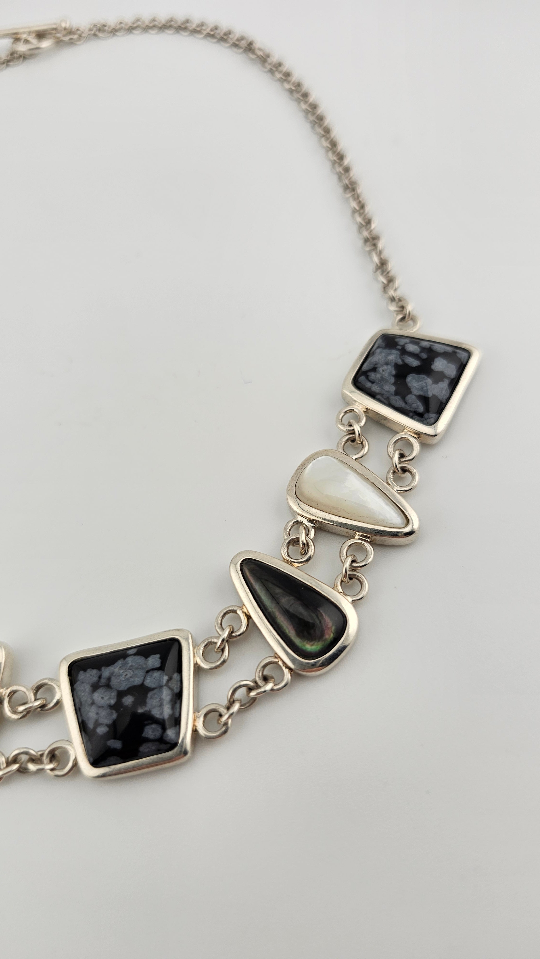Vintage 925 Sterling Silver T Bar Necklace Featuring Snowflake Obsidian and Mother of Pearl