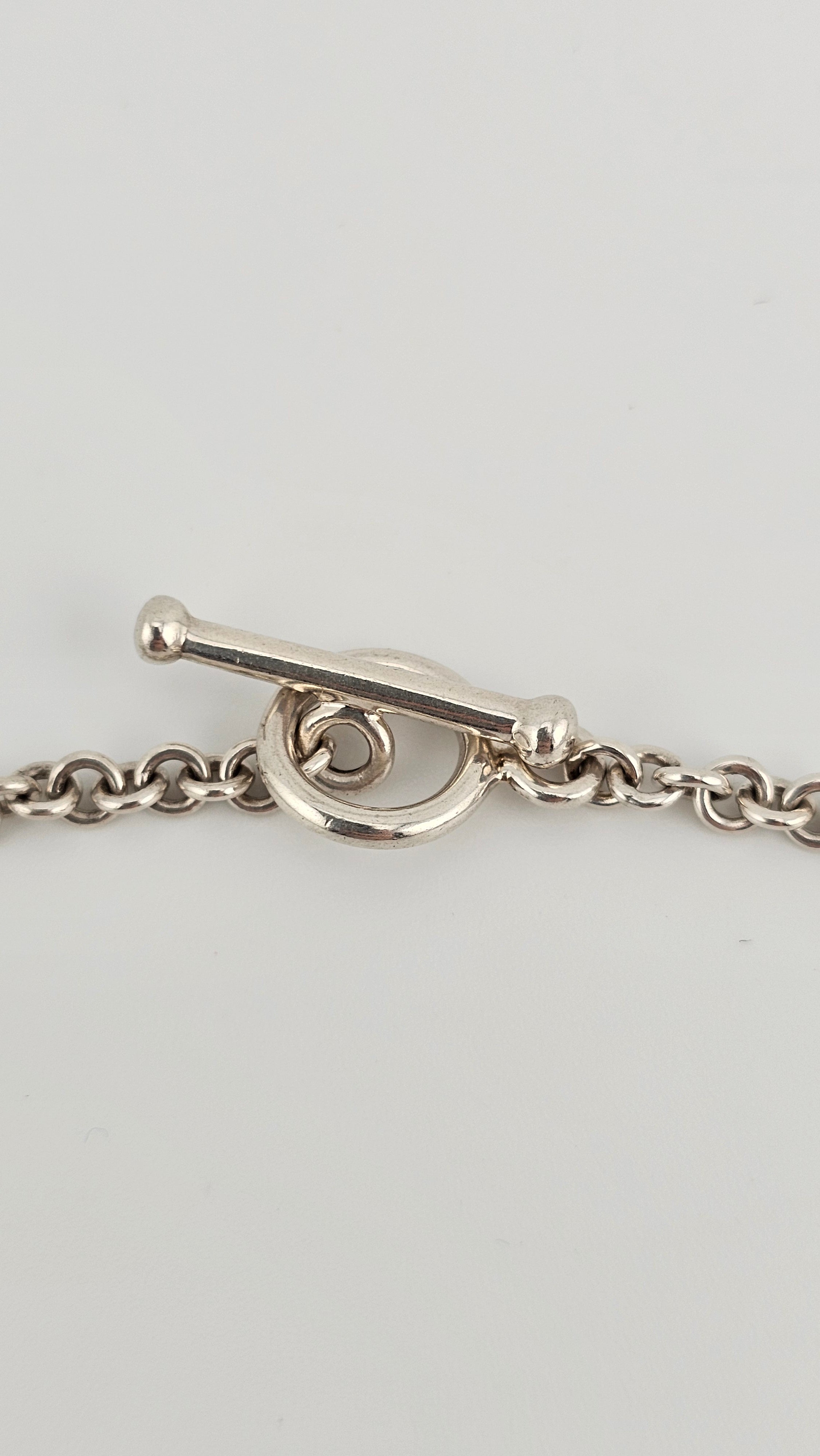 Vintage 925 Sterling Silver T Bar Necklace Featuring Snowflake Obsidian and Mother of Pearl