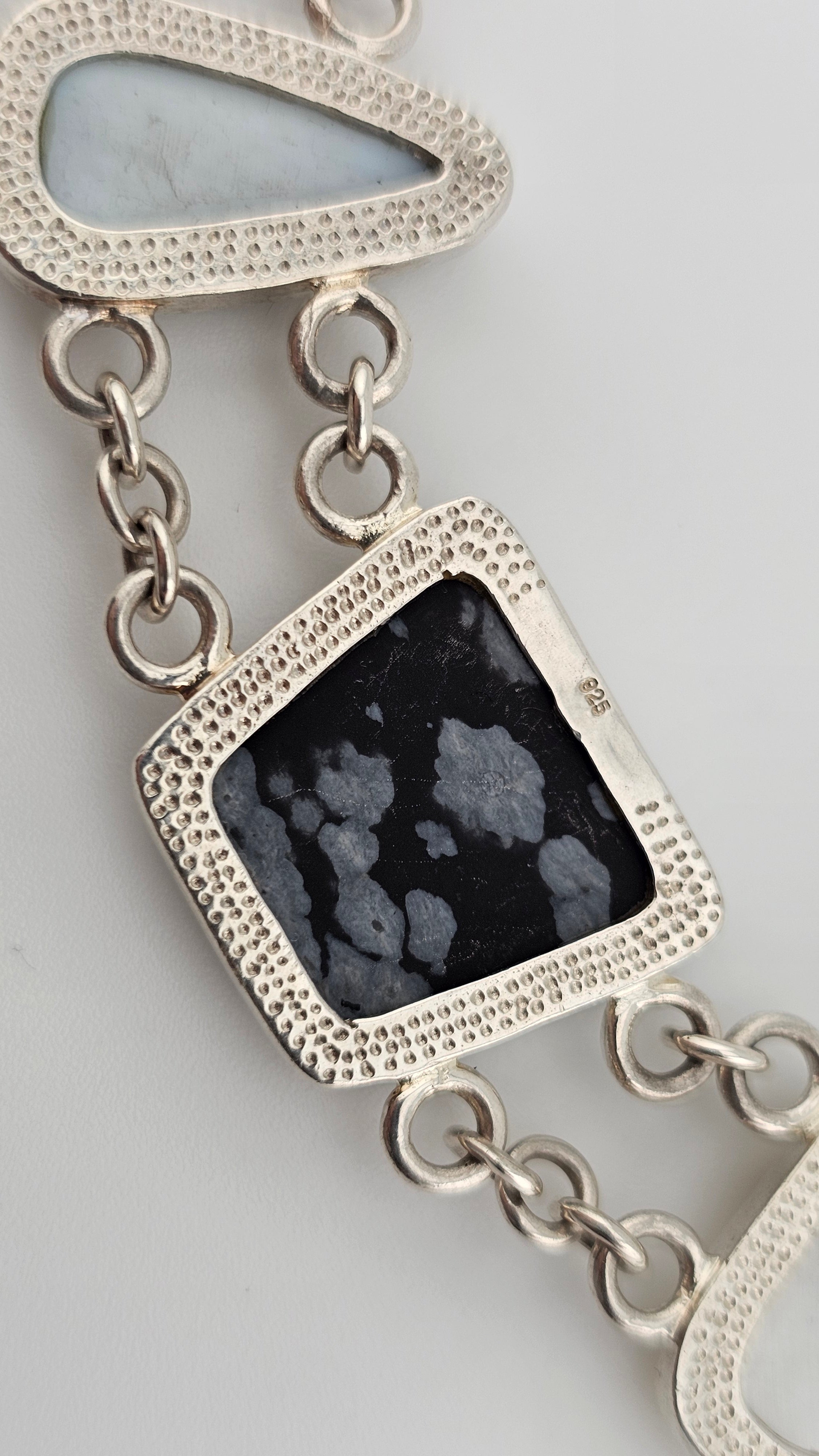 Vintage 925 Sterling Silver T Bar Necklace Featuring Snowflake Obsidian and Mother of Pearl