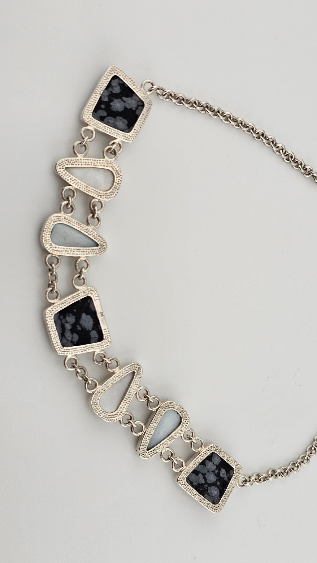 Vintage 925 Sterling Silver T Bar Necklace Featuring Snowflake Obsidian and Mother of Pearl