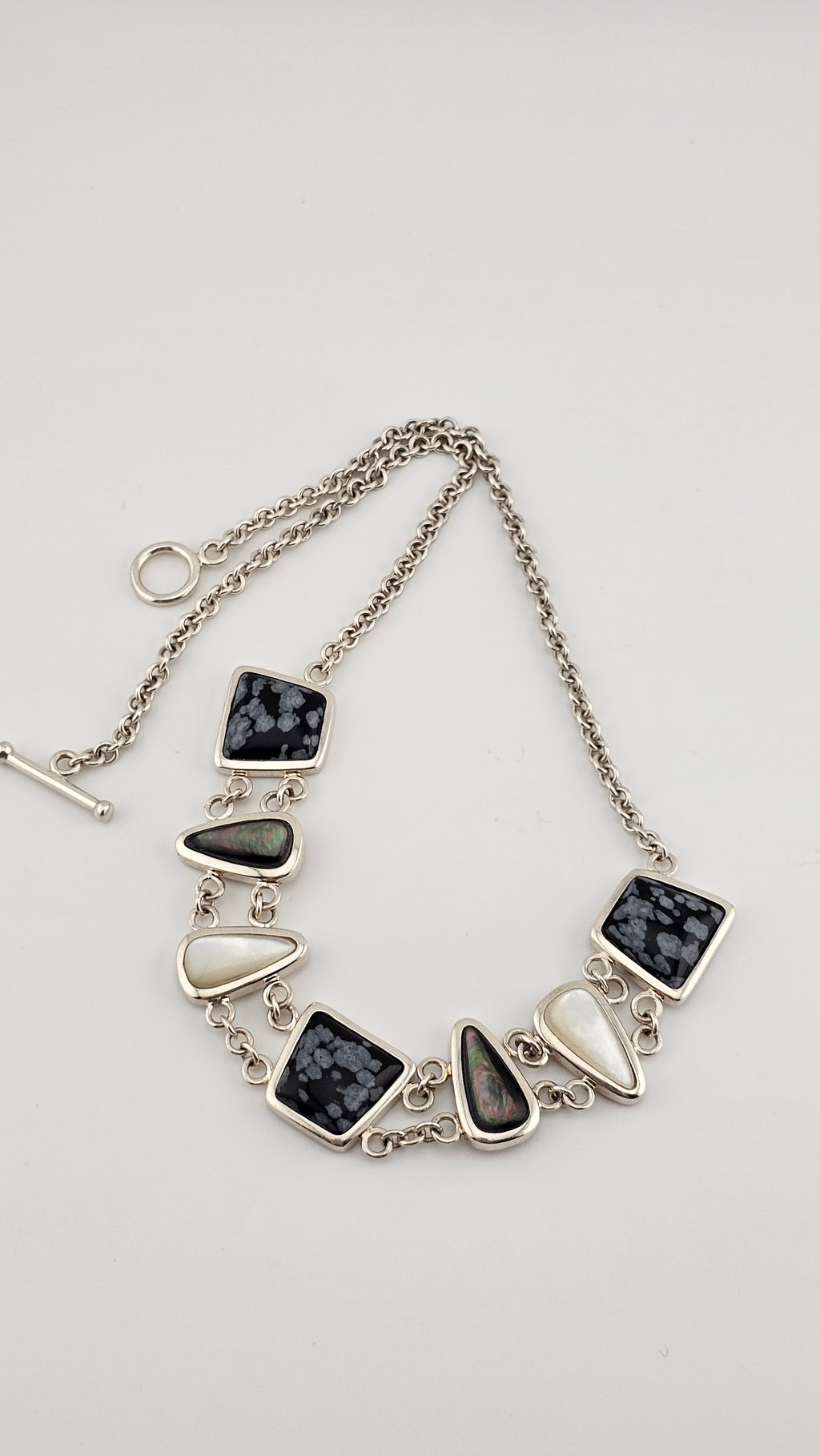 Vintage 925 Sterling Silver T Bar Necklace Featuring Snowflake Obsidian and Mother of Pearl